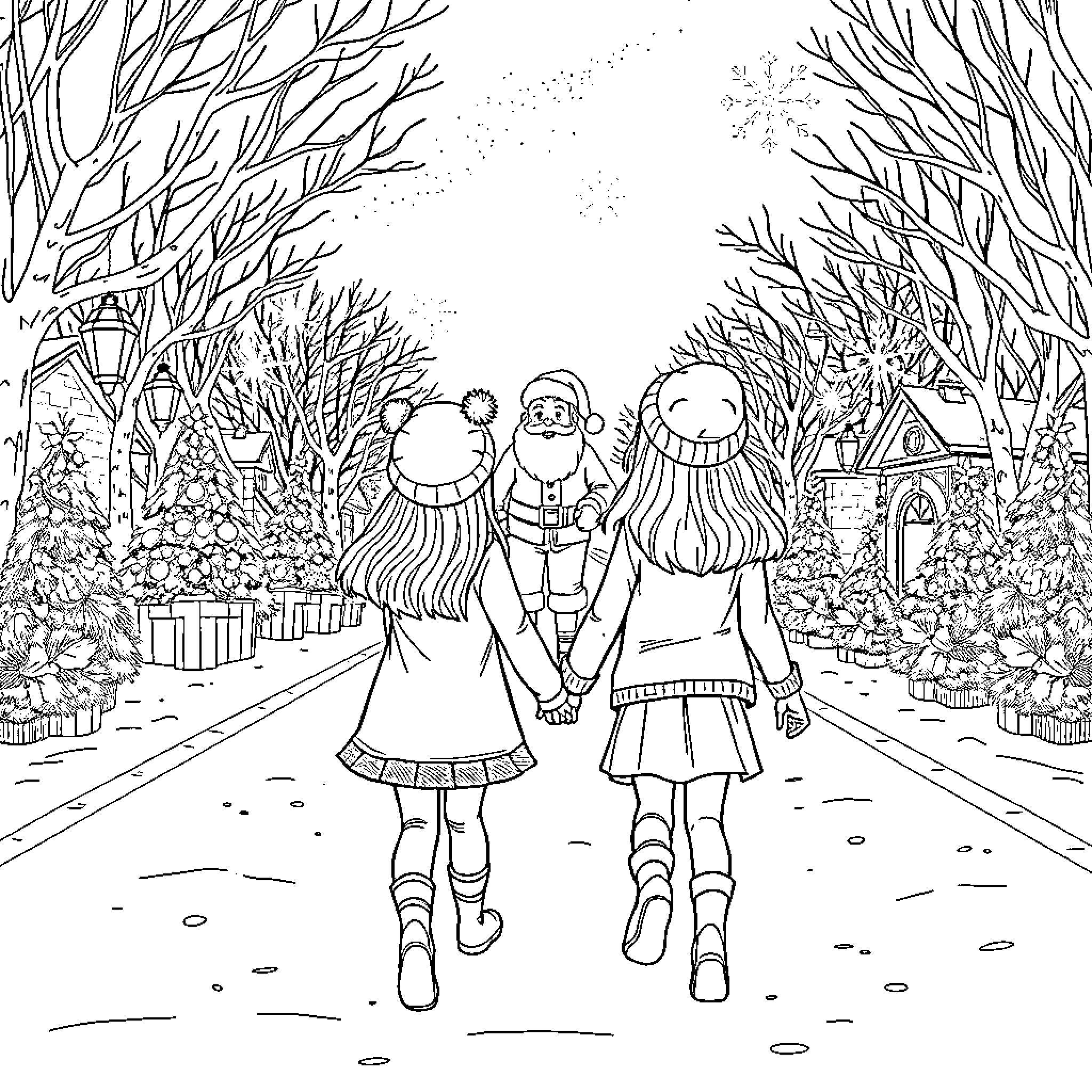 Sister Strolling on a Snowy Path with Friends Coloring Page (free black-and-white line drawing printable PDF for all, from beginners to advanced learners, including children, teens, adults, and seniors)