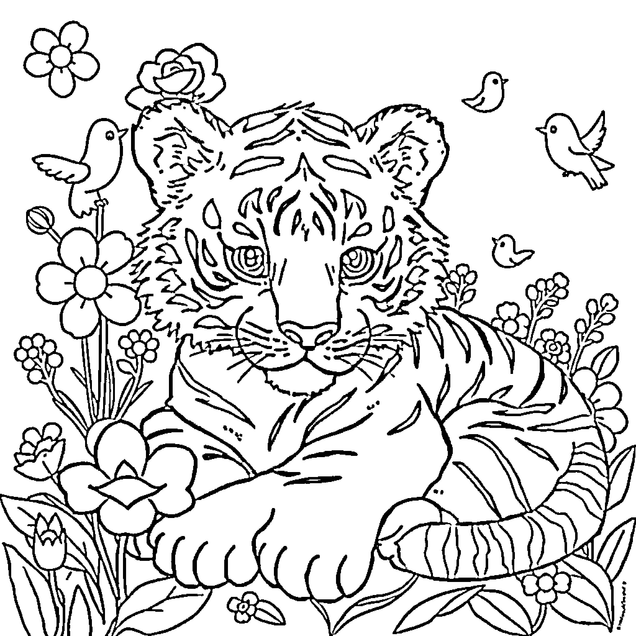 Tiger resting amid vibrant floral garden Coloring Page (free black-and-white line drawing printable PDF for all, from beginners to advanced learners, including children, teens, adults, and seniors)