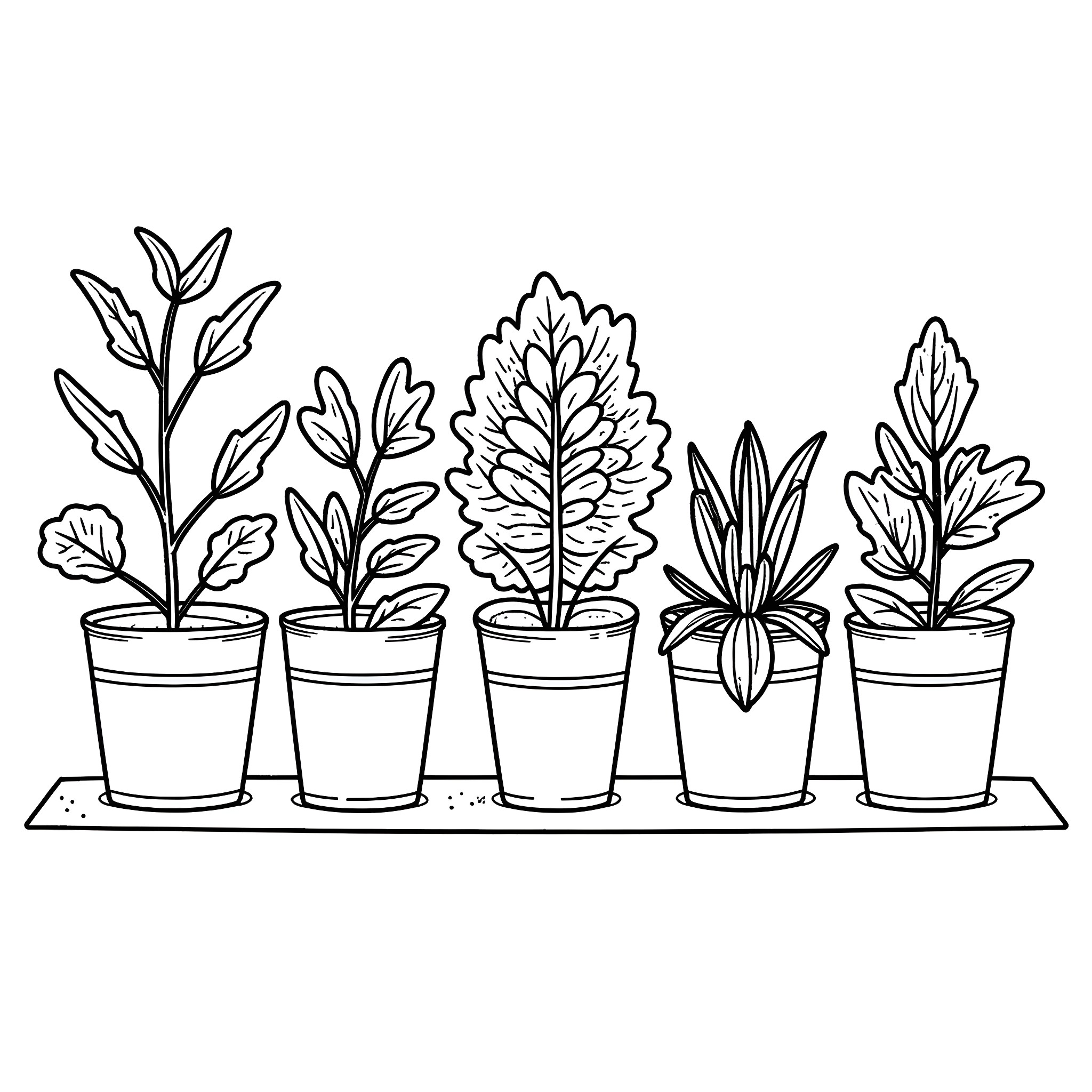 Garden Plants Growing in Pots Coloring Page (free black-and-white line drawing printable PDF for all, from beginners to advanced learners, including children, teens, adults, and seniors)