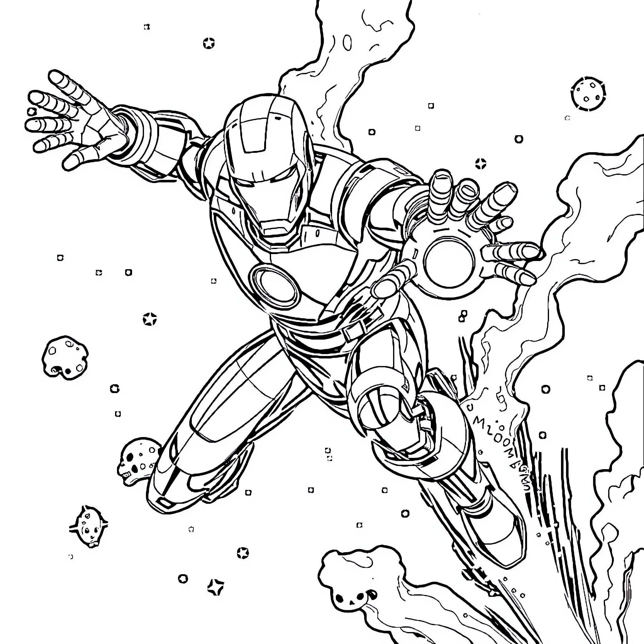 Iron Man soaring through space with powerful thrusters Coloring Page (free black-and-white line drawing printable PDF for all, from beginners to advanced learners, including children, teens, adults, and seniors)
