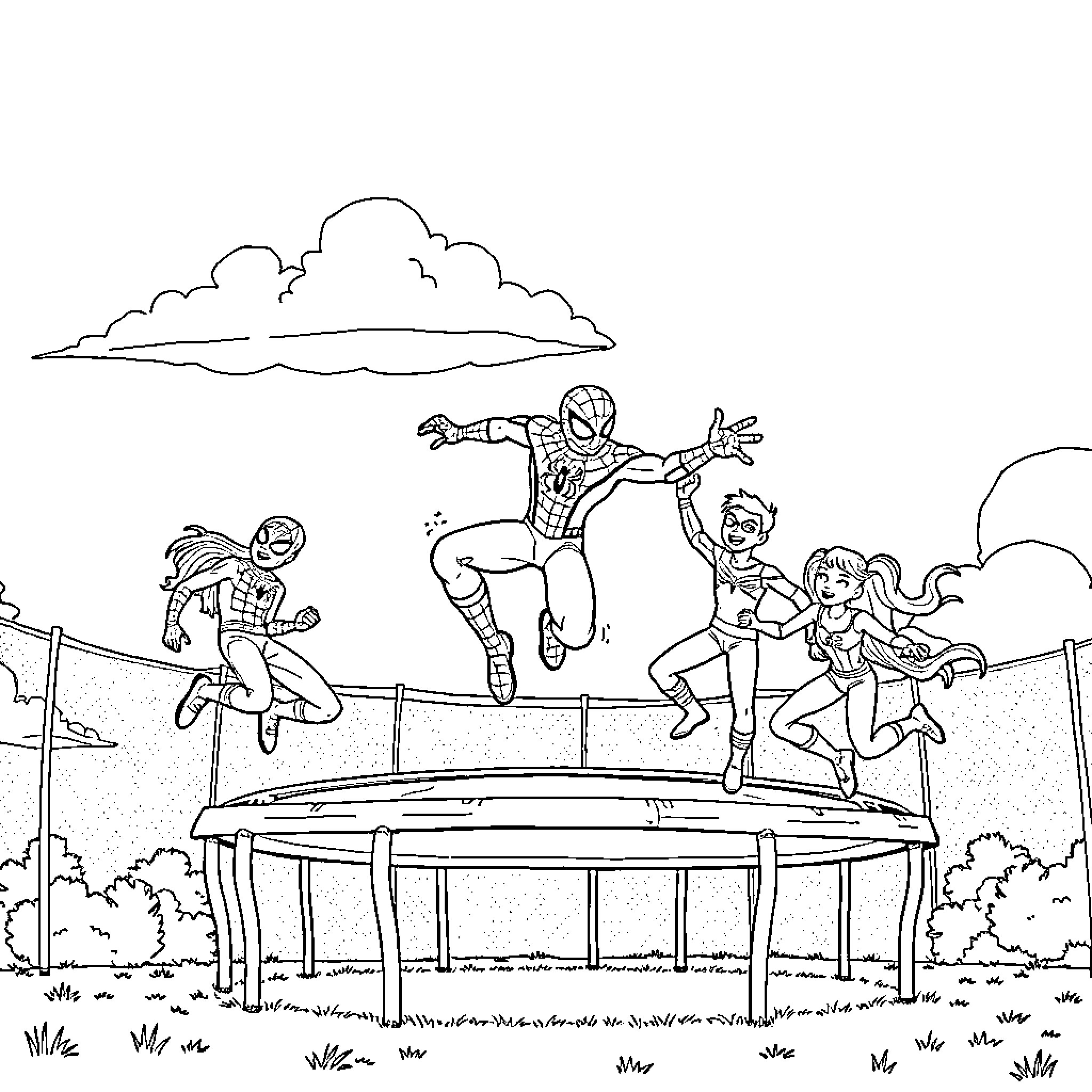 Spiderman leads friends in energetic outdoor play Coloring Page (free black-and-white line drawing printable PDF for all, from beginners to advanced learners, including children, teens, adults, and seniors)