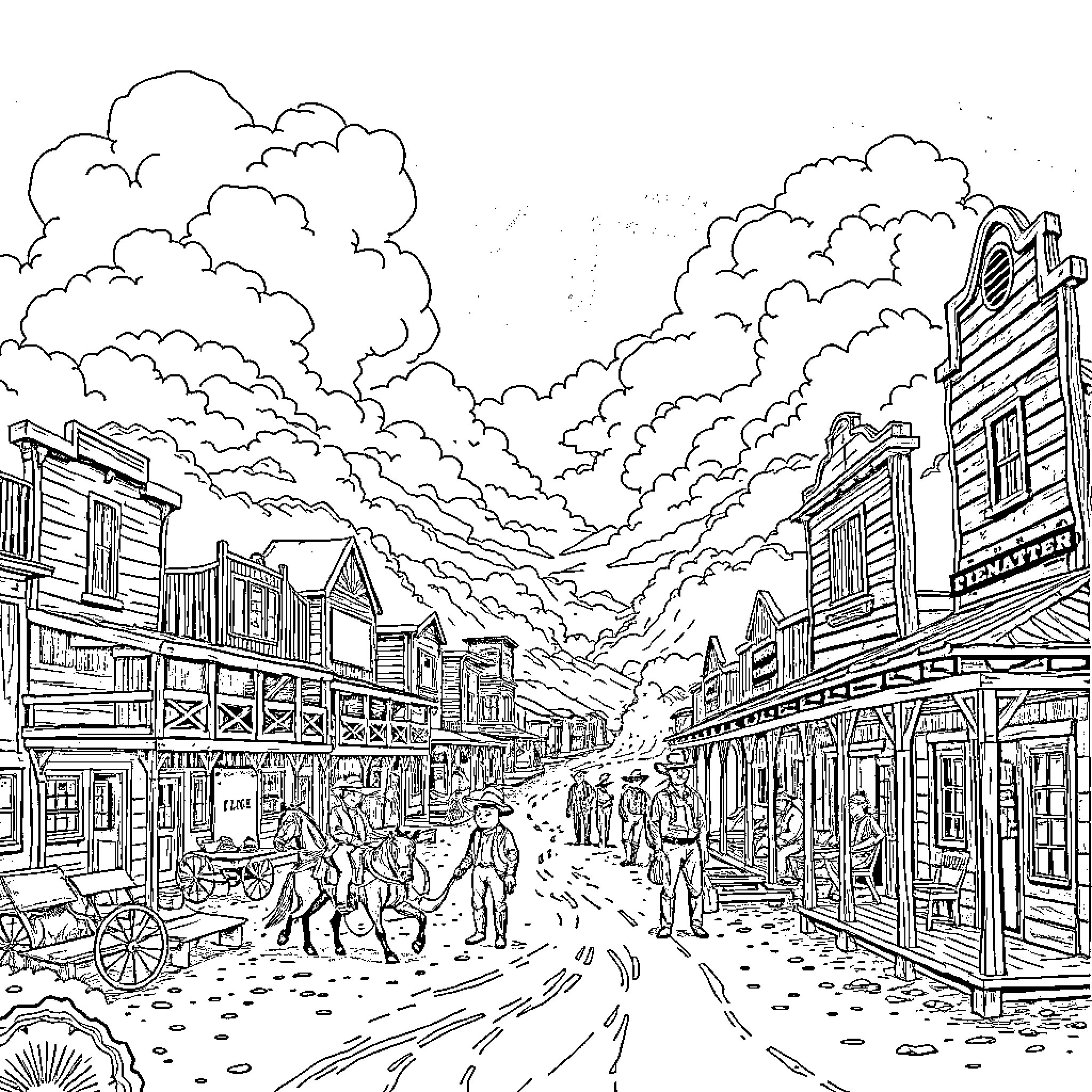Western town bustling with activity on a cloudy day Coloring Page (free black-and-white line drawing printable PDF for all, from beginners to advanced learners, including children, teens, adults, and seniors)