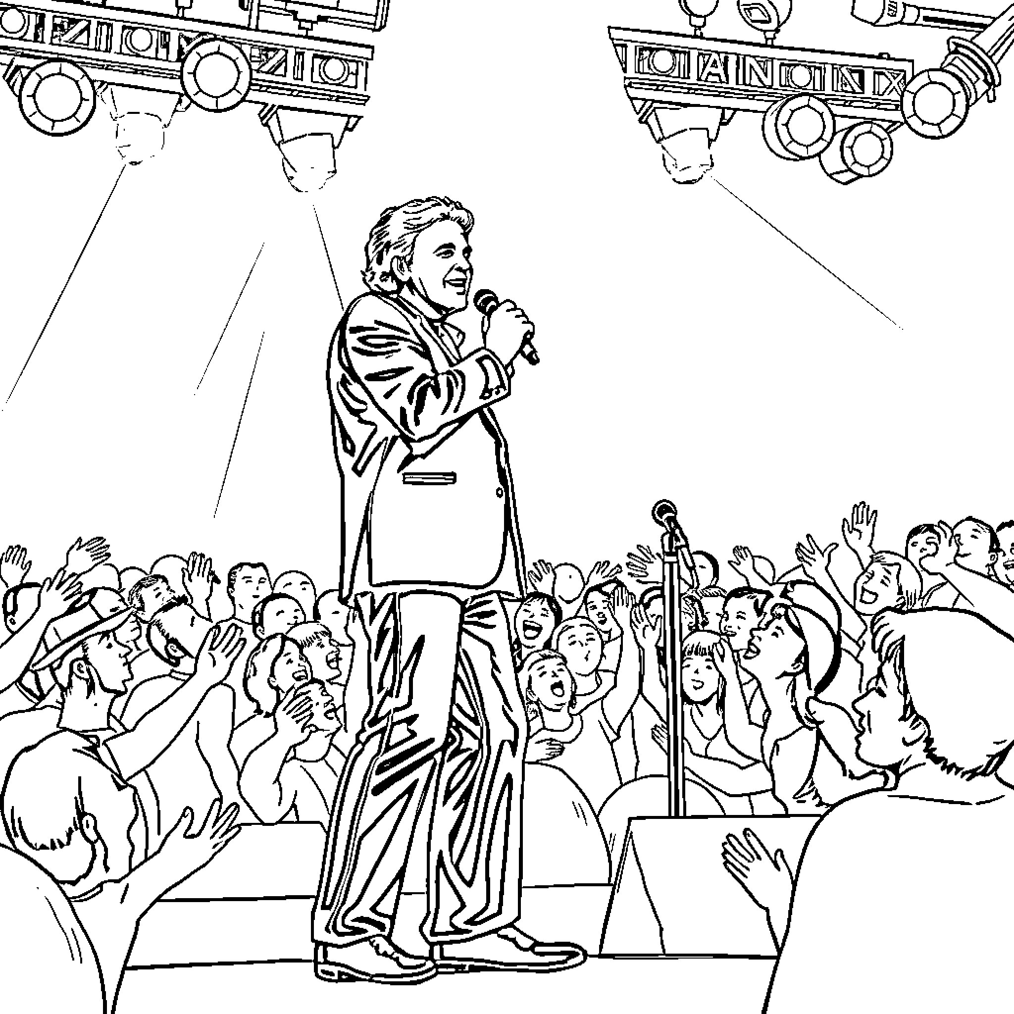 Neil Diamond performing on stage with excited crowd Coloring Page (free black-and-white line drawing printable PDF for all, from beginners to advanced learners, including children, teens, adults, and seniors)