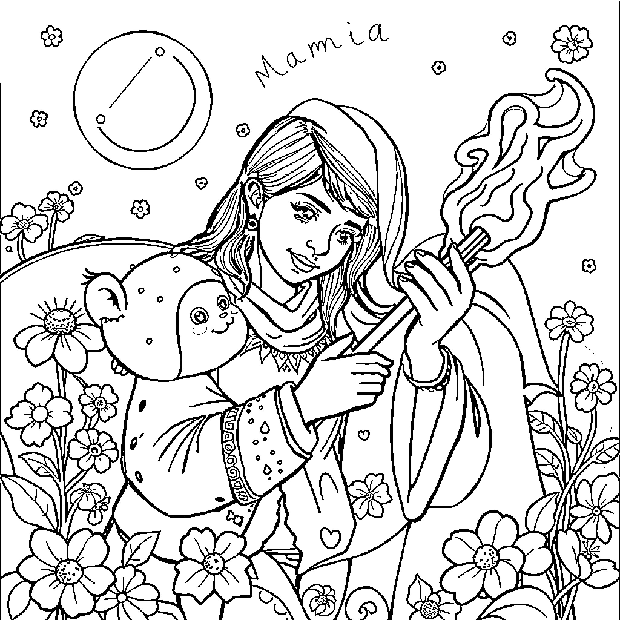 Mama embracing a cheerful companion amidst blooming flowers Coloring Page (free black-and-white line drawing printable PDF for all, from beginners to advanced learners, including children, teens, adults, and seniors)