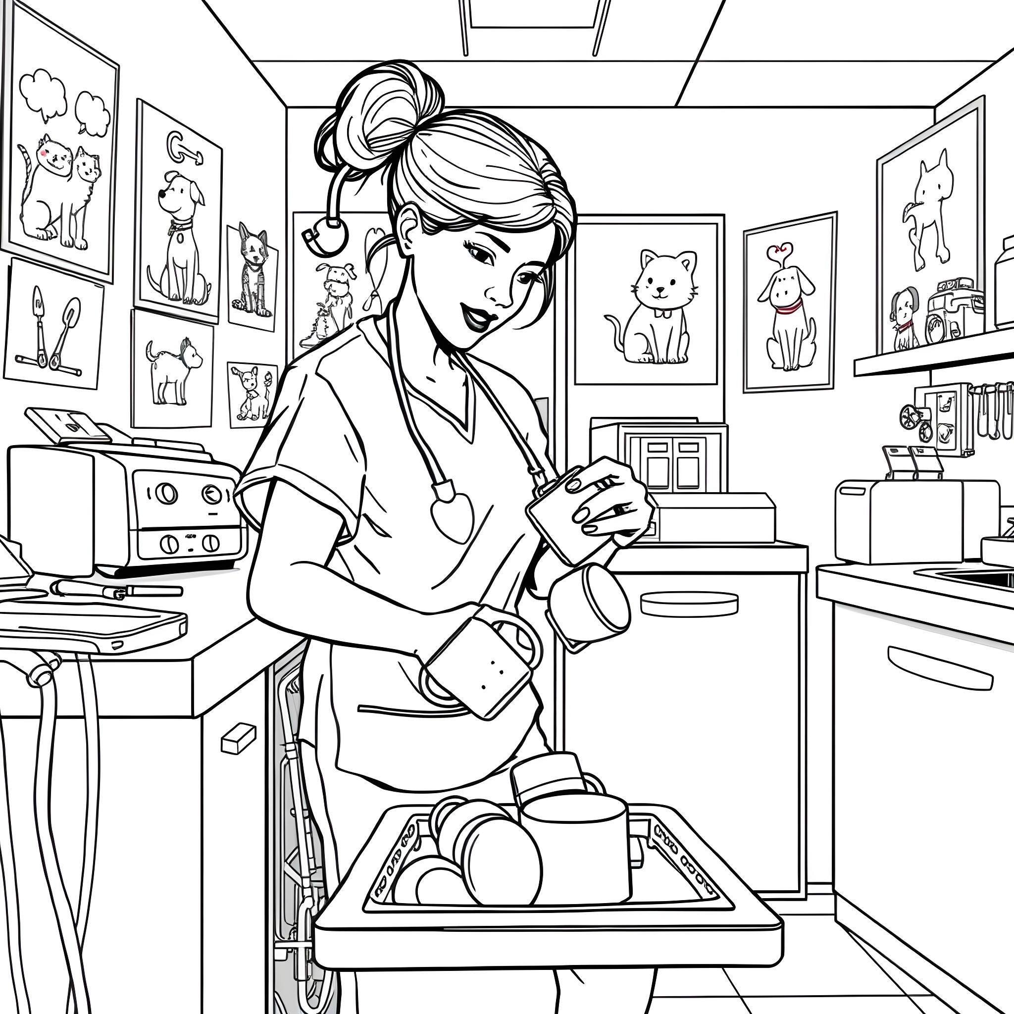 Veterinary Nurse Caring for Pets in the Clinic Coloring Page (free black-and-white line drawing printable PDF for all, from beginners to advanced learners, including children, teens, adults, and seniors)