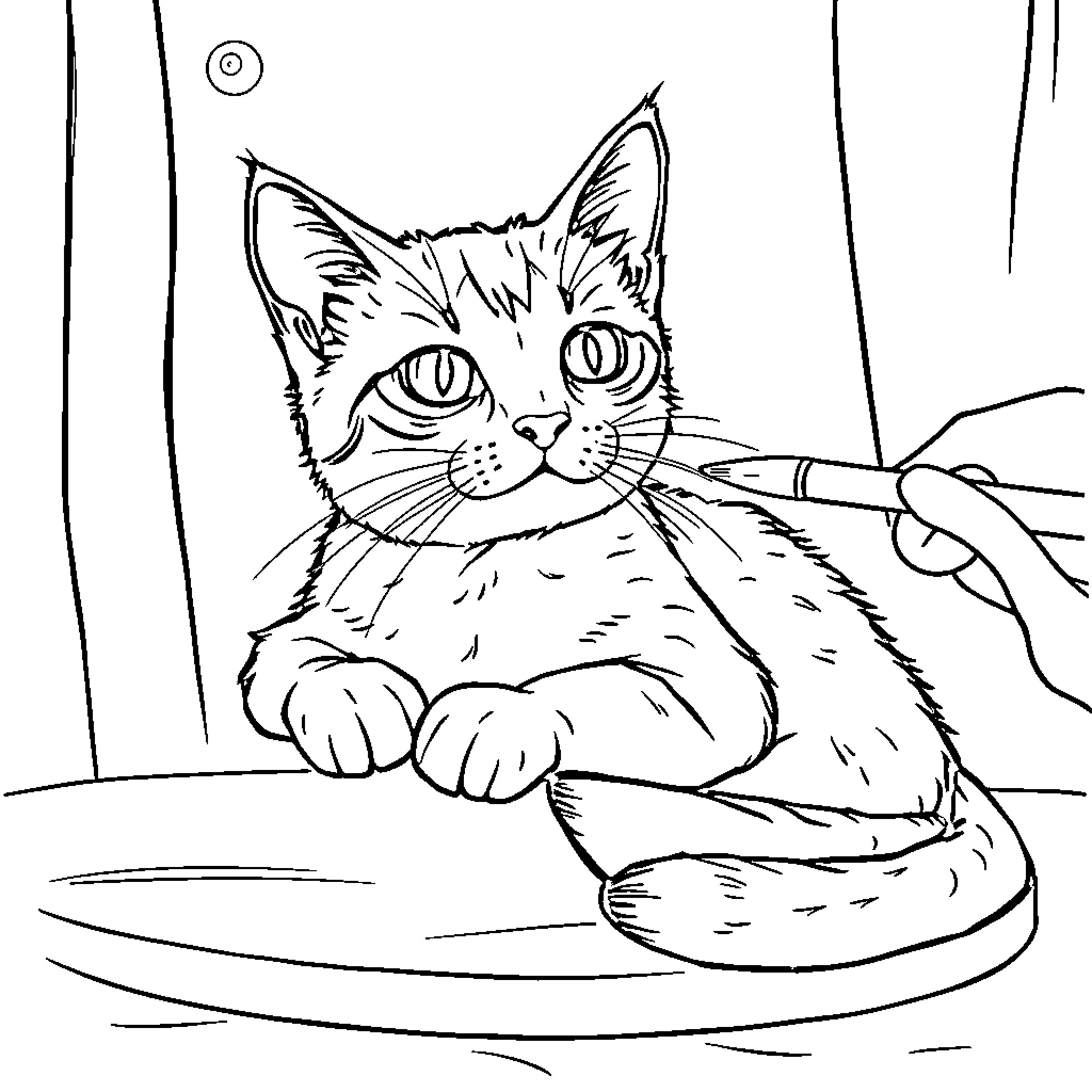 Gato playing with toys in cozy home Coloring Page (free black-and-white line drawing printable PDF for all, from beginners to advanced learners, including children, teens, adults, and seniors)