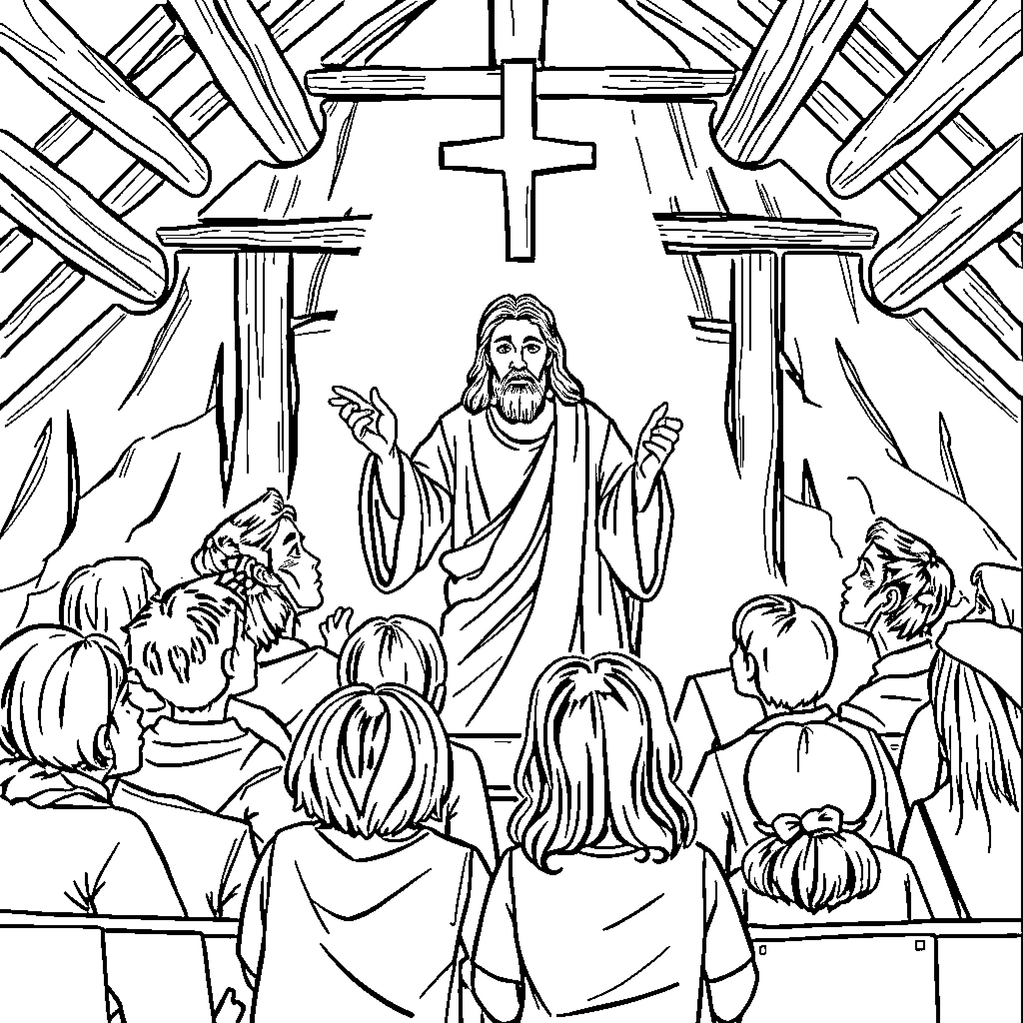 Jesus preaching to a crowd in a church Coloring Page (free black-and-white line drawing printable PDF for all, from beginners to advanced learners, including children, teens, adults, and seniors)