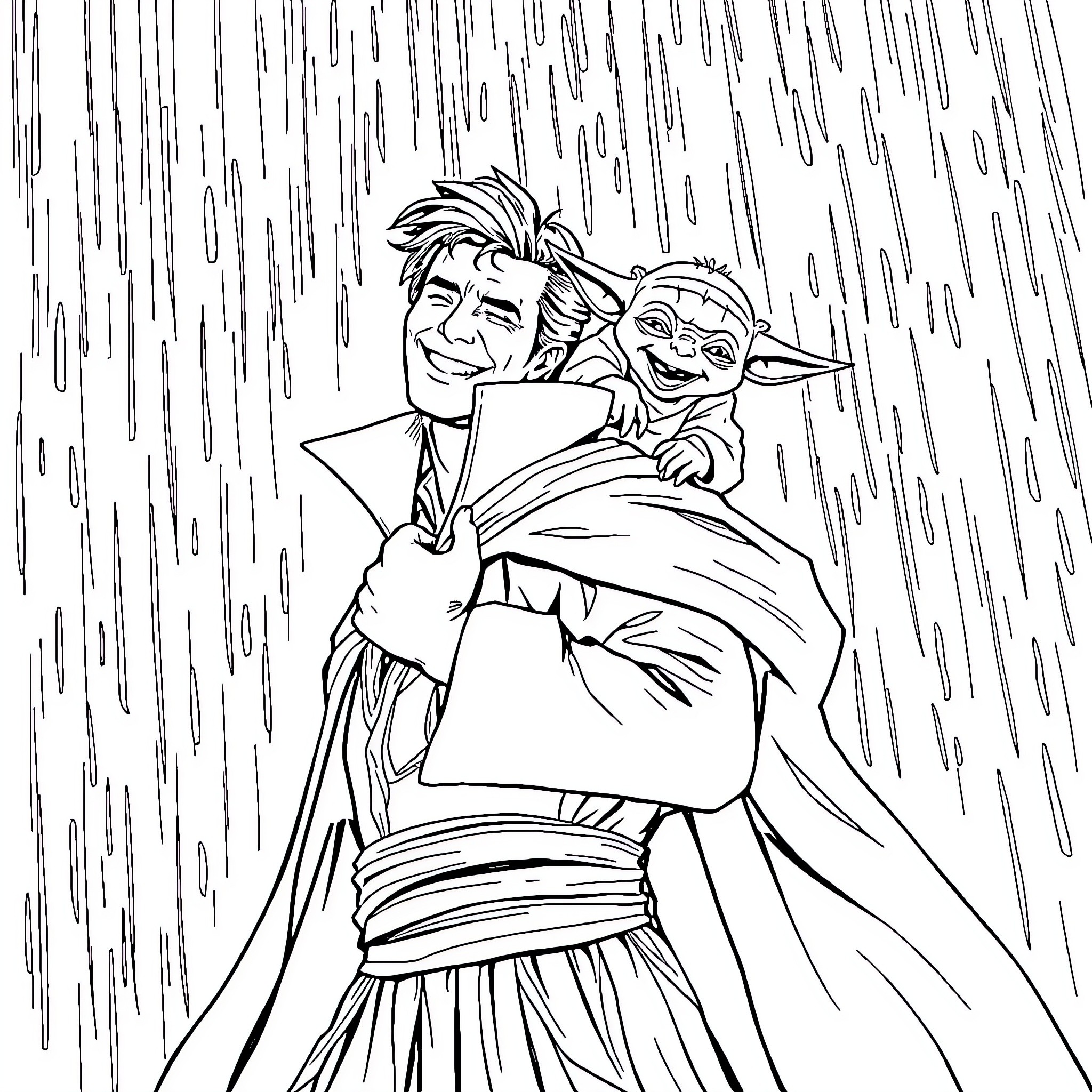 Dr. Strange protecting a young companion in the rain Coloring Page (free black-and-white line drawing printable PDF for all, from beginners to advanced learners, including children, teens, adults, and seniors)
