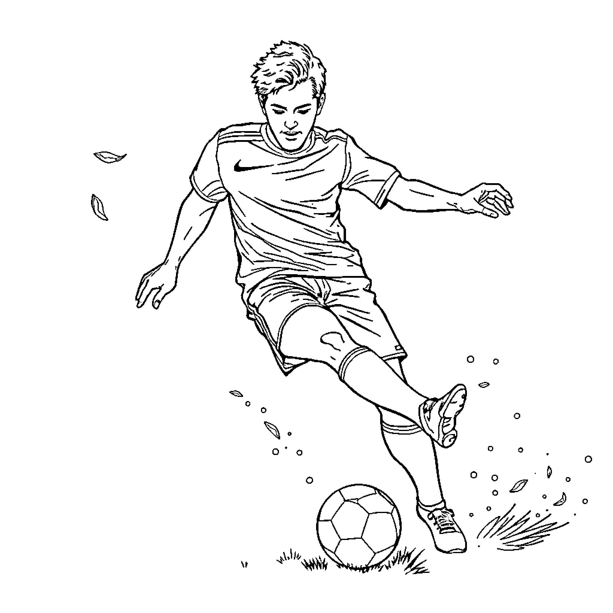Soccer Player Kicking the Ball Enthusiastically Coloring Page (free black-and-white line drawing printable PDF for all, from beginners to advanced learners, including children, teens, adults, and seniors)