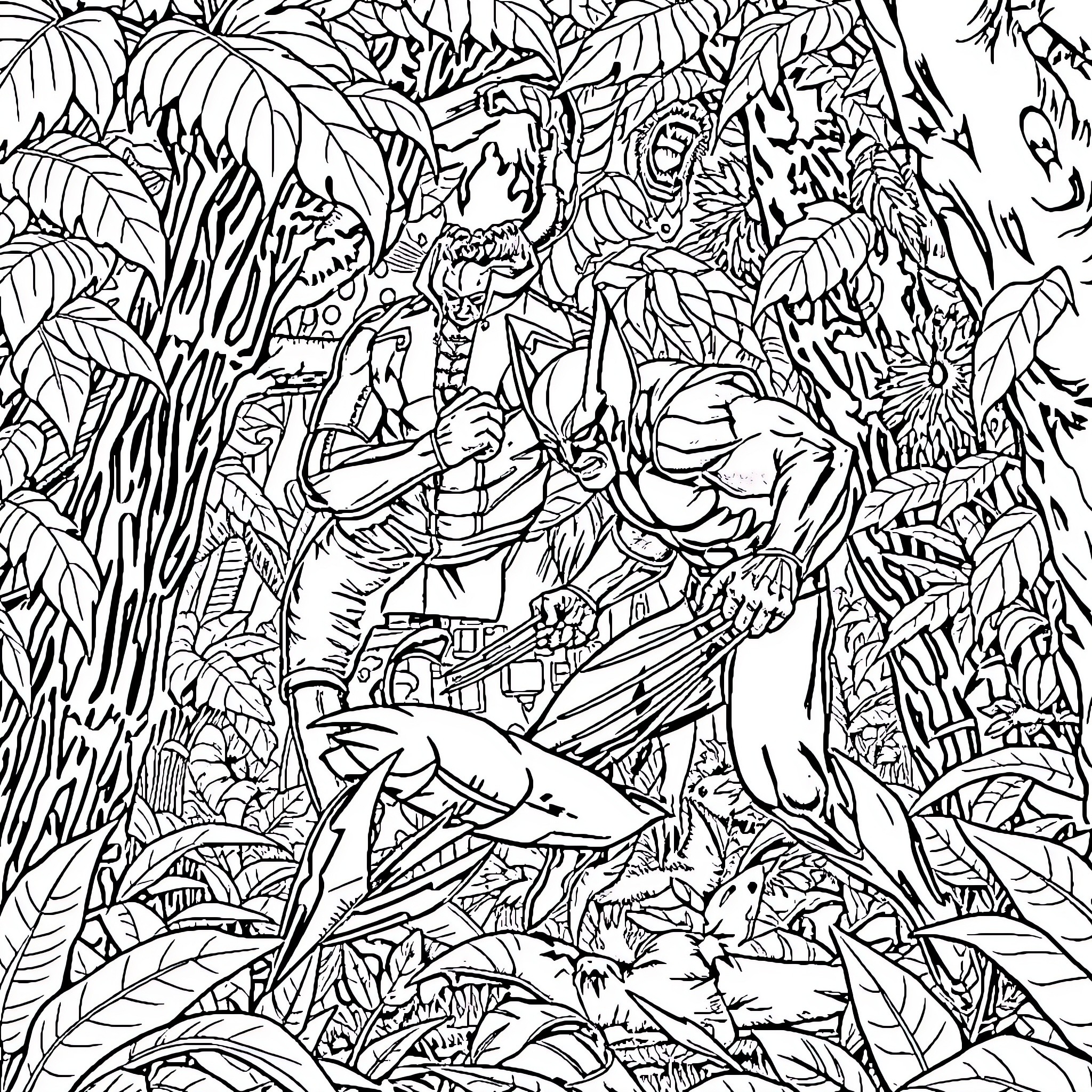 Wolverine Battles Ferocious Jungle Creatures Coloring Page (free black-and-white line drawing printable PDF for all, from beginners to advanced learners, including children, teens, adults, and seniors)