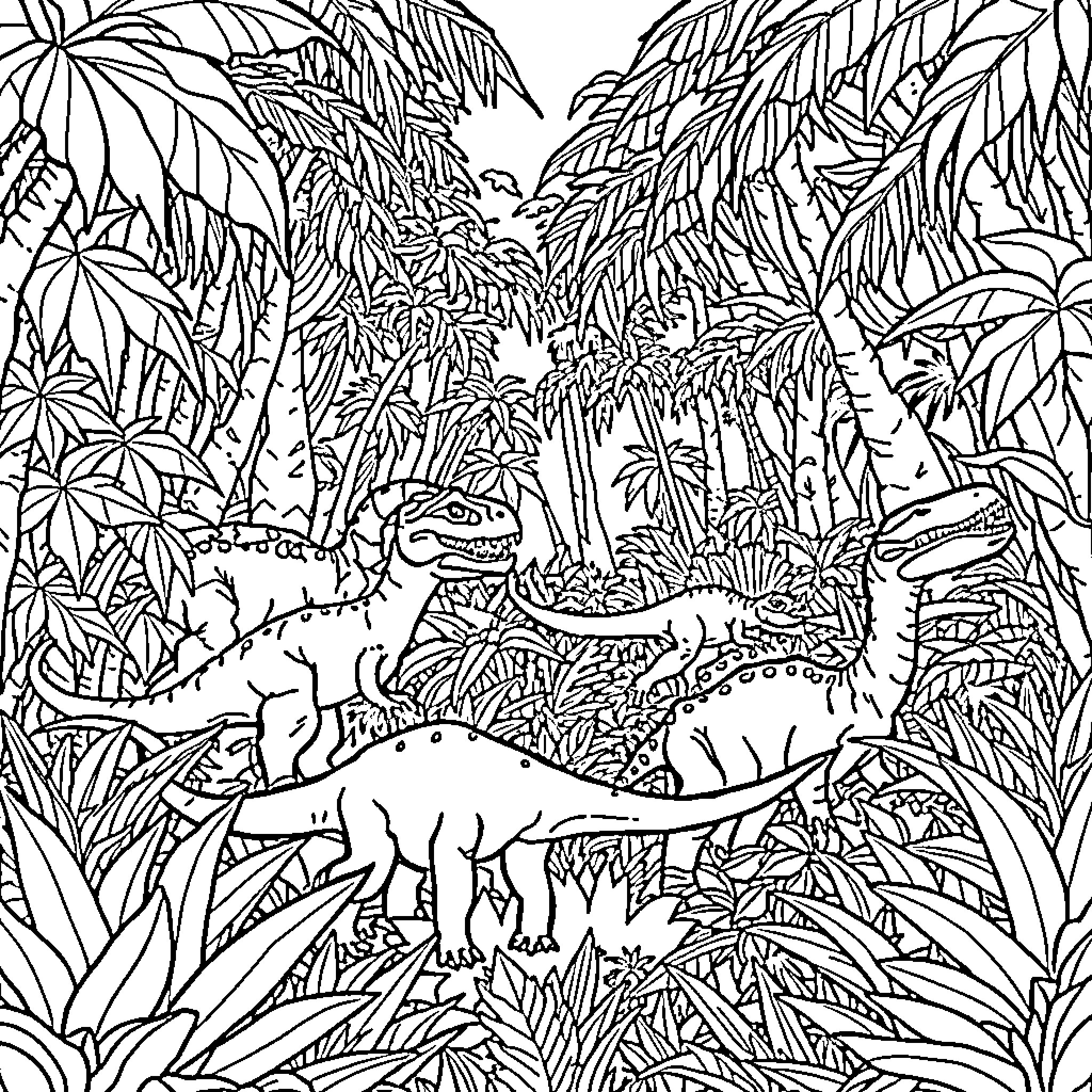 Dinosaurs roaming through the prehistoric jungle Coloring Page (free black-and-white line drawing printable PDF for all, from beginners to advanced learners, including children, teens, adults, and seniors)