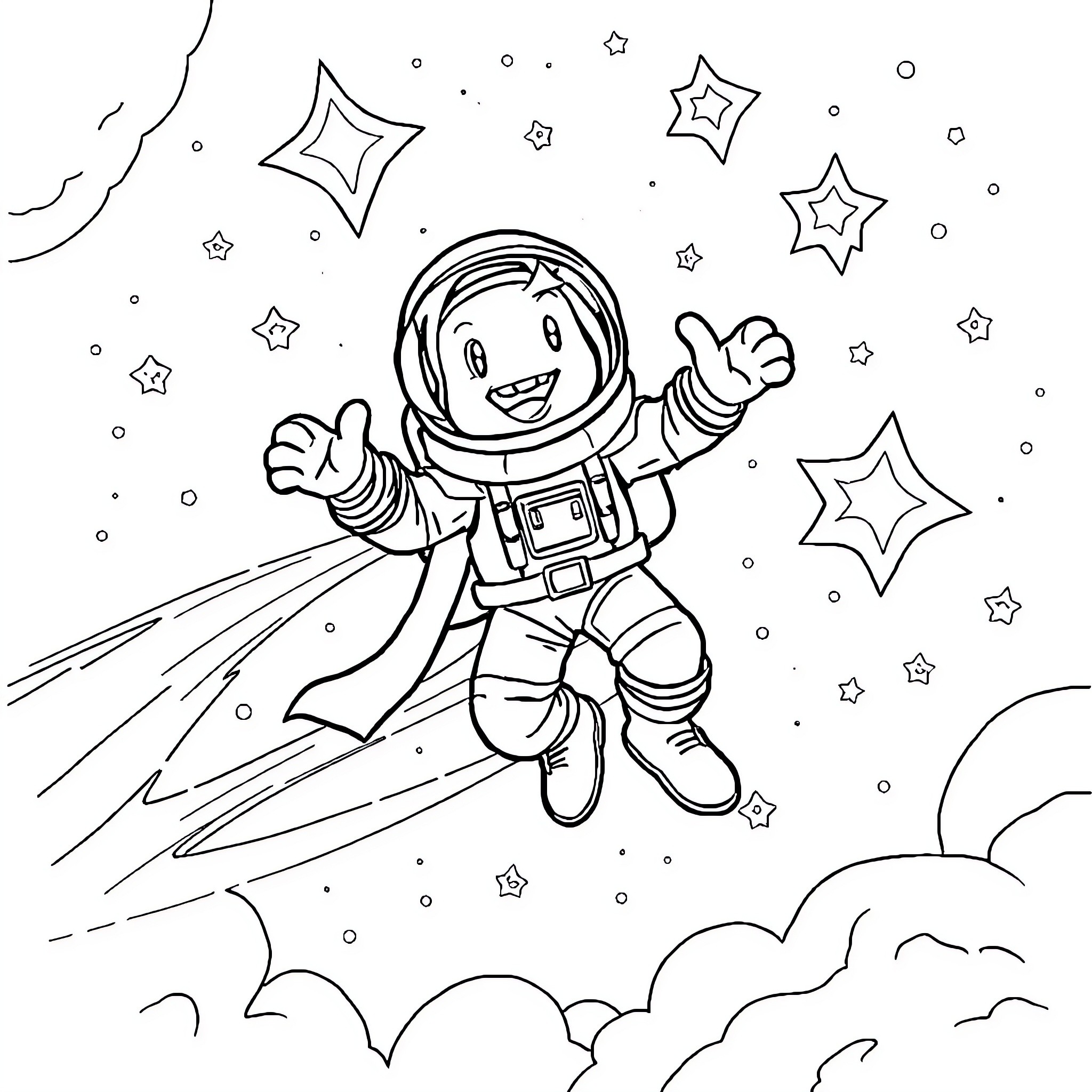 Captain Flam's Cosmic Adventure Coloring Page (free black-and-white line drawing printable PDF for all, from beginners to advanced learners, including children, teens, adults, and seniors)