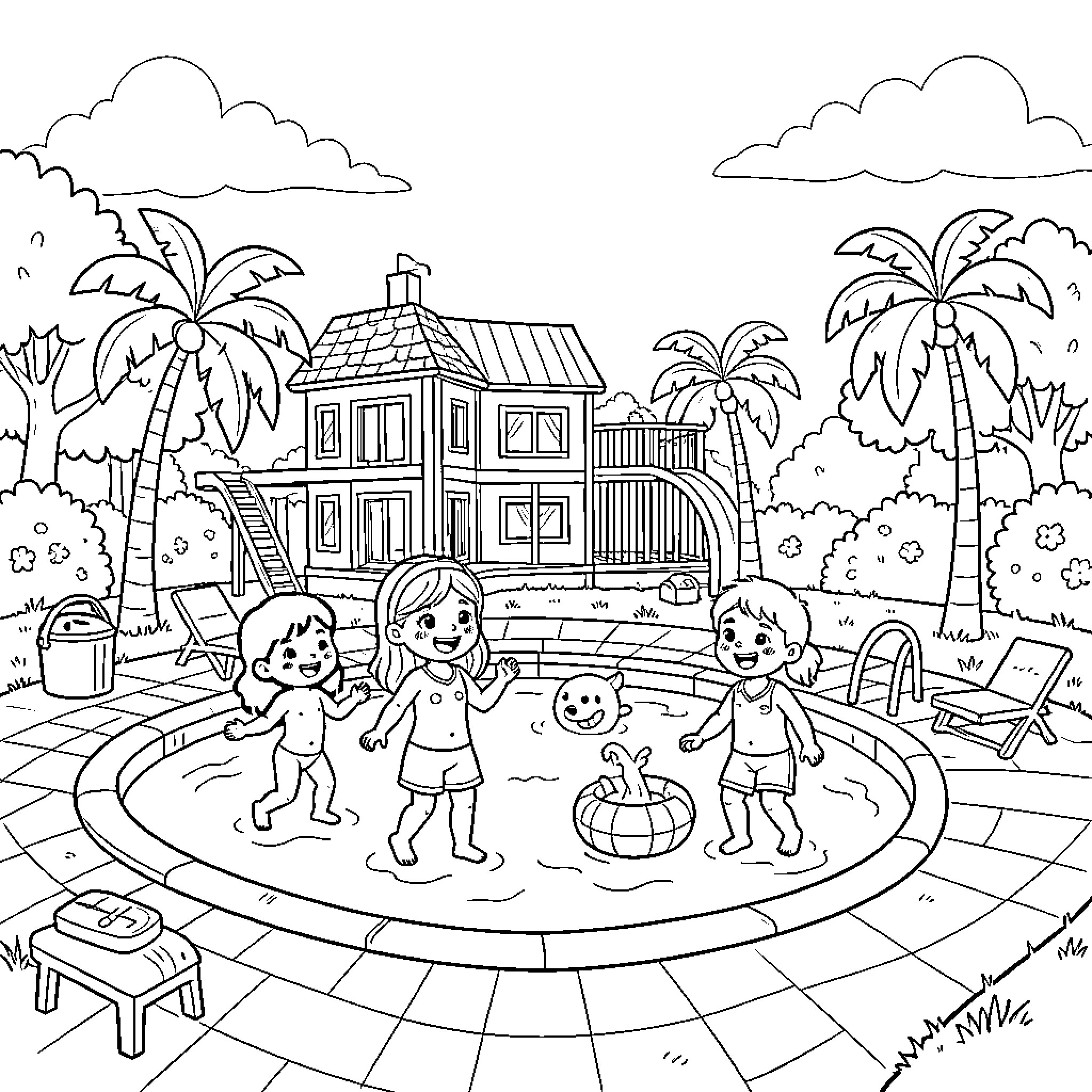 Gabby Dollhouse characters splashing and playing in a pool Coloring Page (free black-and-white line drawing printable PDF for all, from beginners to advanced learners, including children, teens, adults, and seniors)