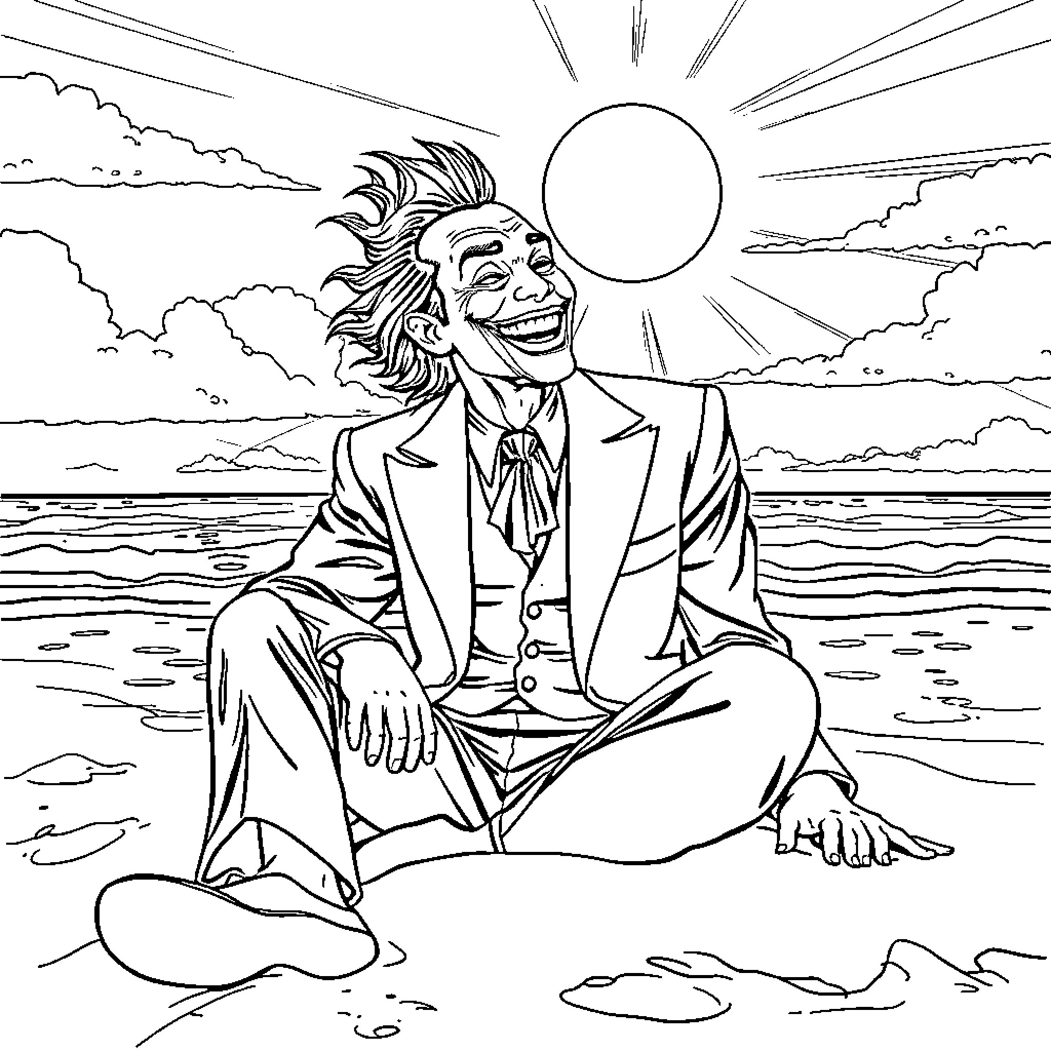 Joker Enjoying a Tranquil Seaside Sunset Coloring Page (free black-and-white line drawing printable PDF for all, from beginners to advanced learners, including children, teens, adults, and seniors)