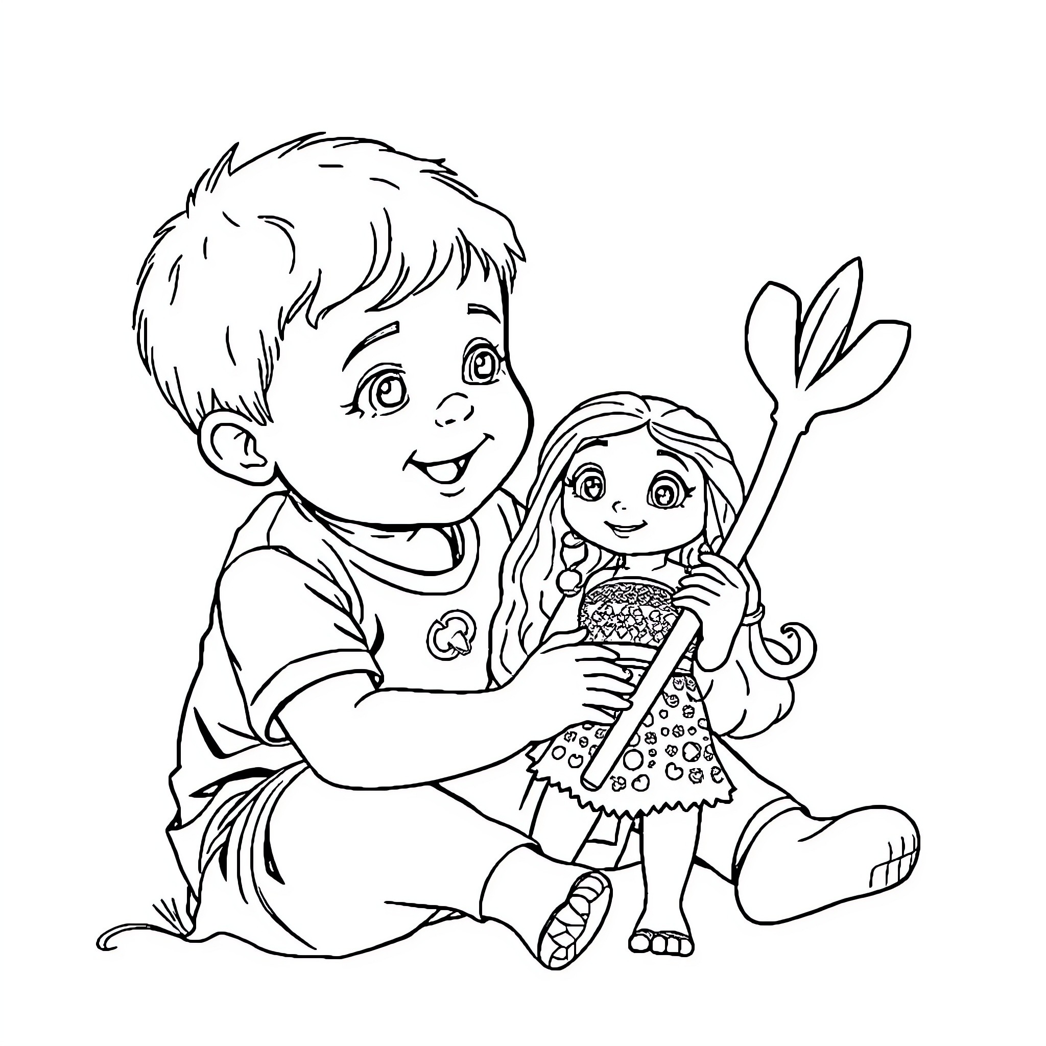 Moana and young boy playing together Coloring Page (free black-and-white line drawing printable PDF for all, from beginners to advanced learners, including children, teens, adults, and seniors)