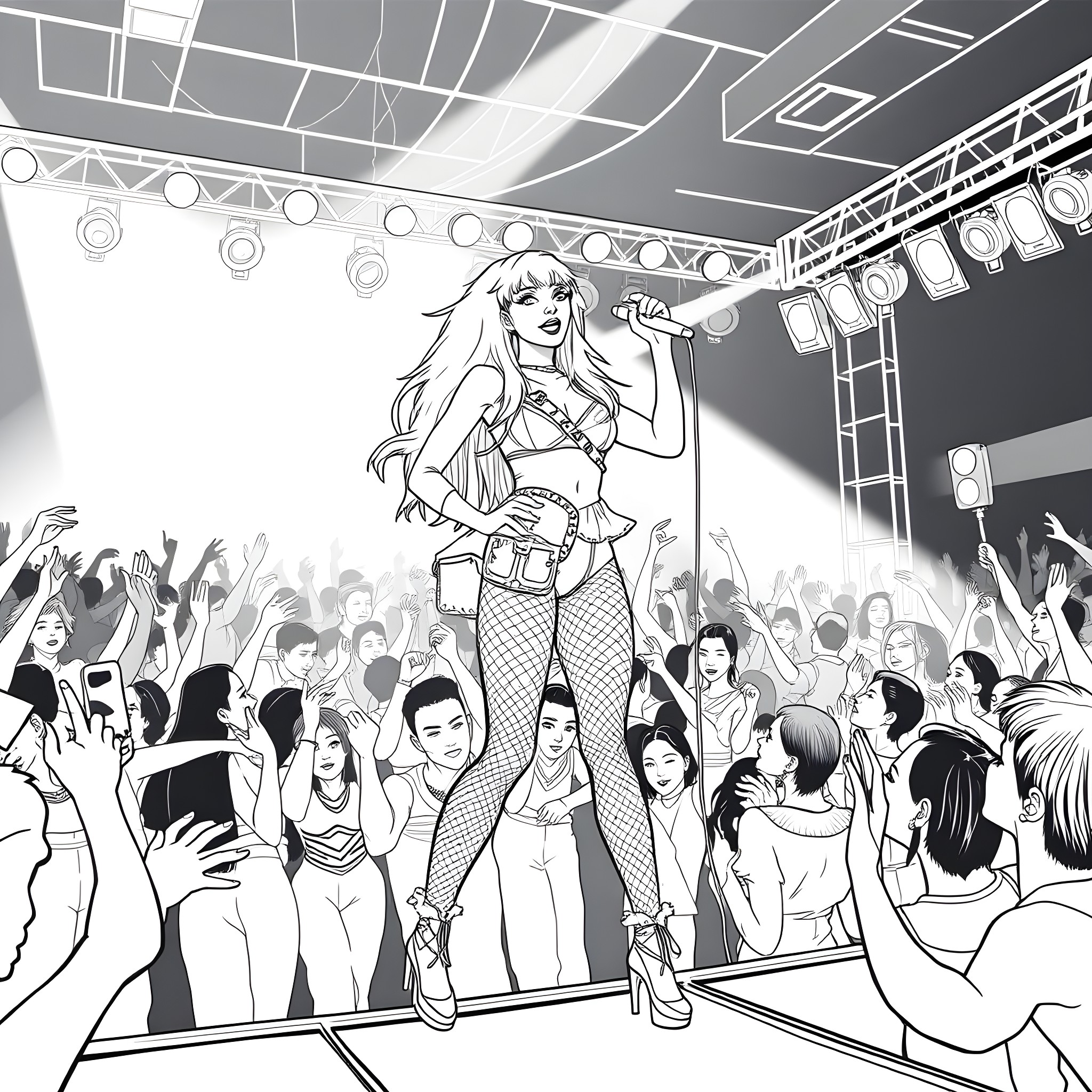 Charli XCX performing energetically on stage Coloring Page (free black-and-white line drawing printable PDF for all, from beginners to advanced learners, including children, teens, adults, and seniors)