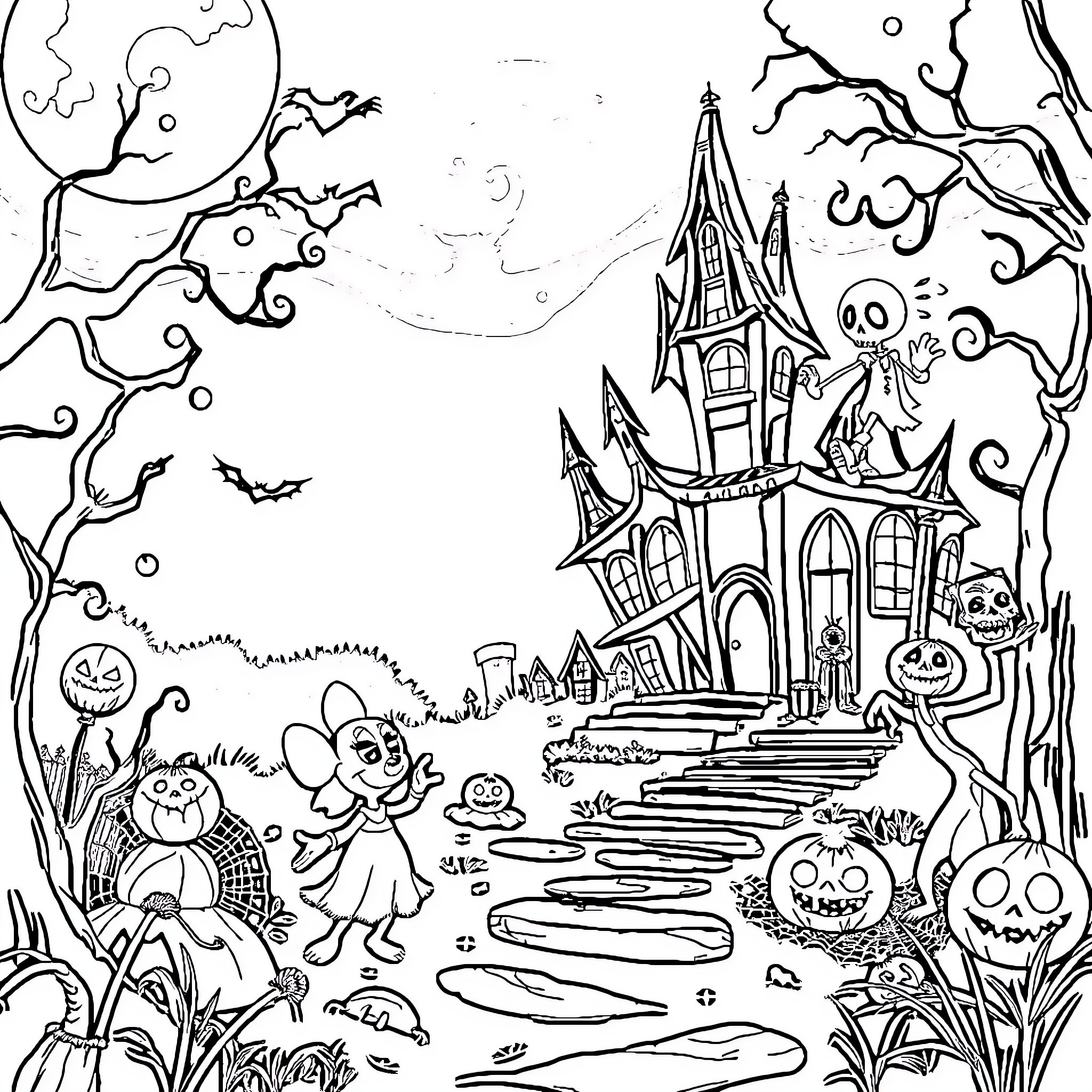 Disney Characters in Spooky Halloween Wonderland Coloring Page (free black-and-white line drawing printable PDF for all, from beginners to advanced learners, including children, teens, adults, and seniors)
