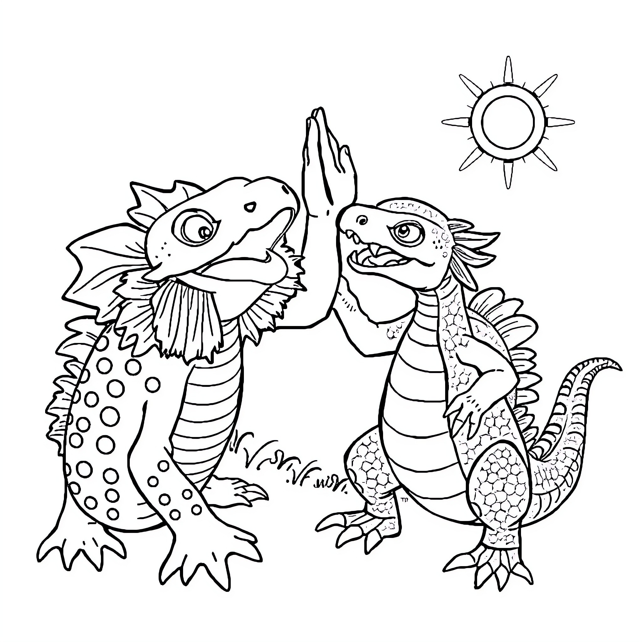 Axolotl friends enjoying a sunny day Coloring Page (free black-and-white line drawing printable PDF for all, from beginners to advanced learners, including children, teens, adults, and seniors)