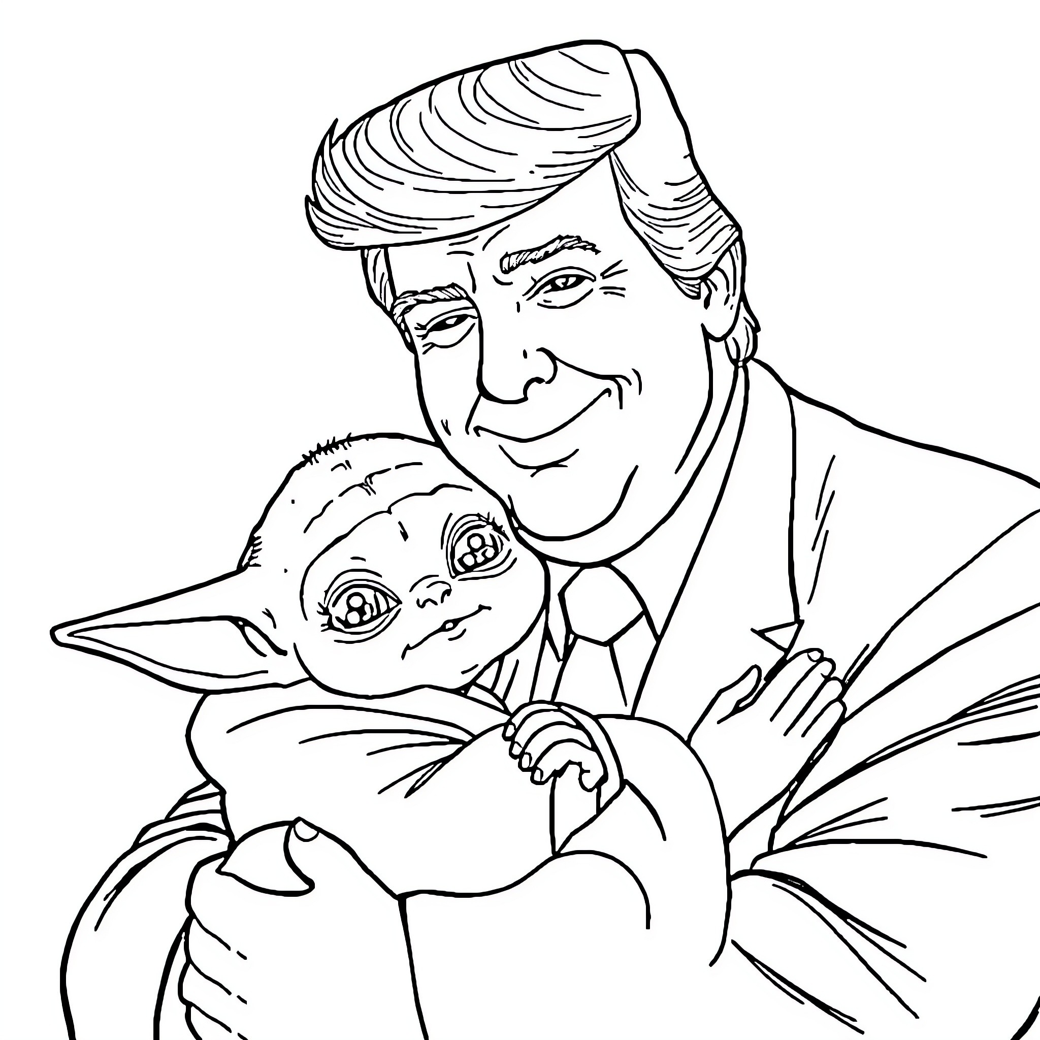 Donald Trump Embracing Baby Yoda in Lighthearted Cartoon Coloring Page (free black-and-white line drawing printable PDF for all, from beginners to advanced learners, including children, teens, adults, and seniors)