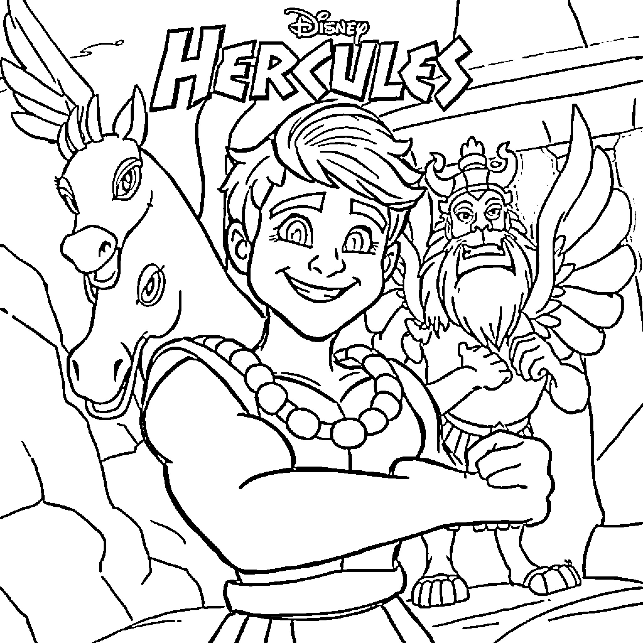 Hercules and his mythical companions in action Coloring Page (free black-and-white line drawing printable PDF for all, from beginners to advanced learners, including children, teens, adults, and seniors)