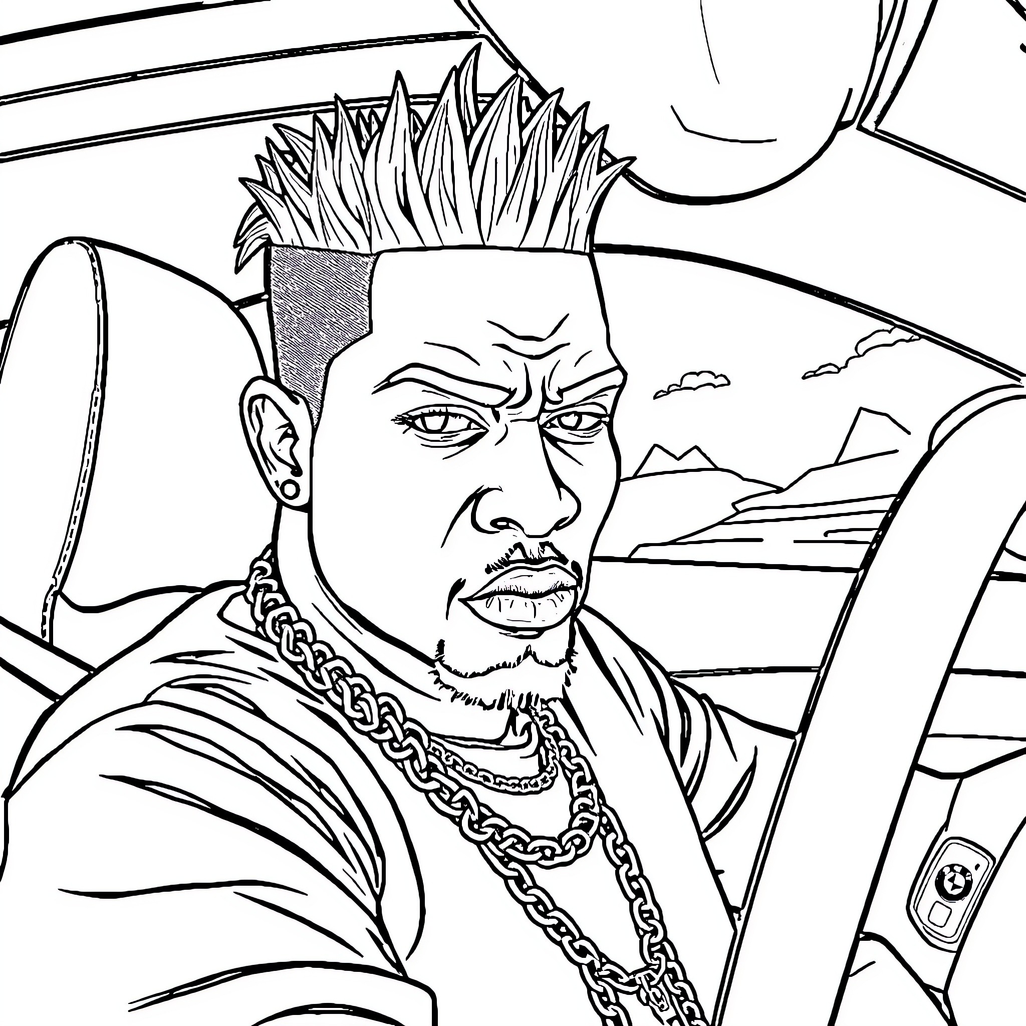 Xxxtentacion in a pensive outdoor setting Coloring Page (free black-and-white line drawing printable PDF for all, from beginners to advanced learners, including children, teens, adults, and seniors)
