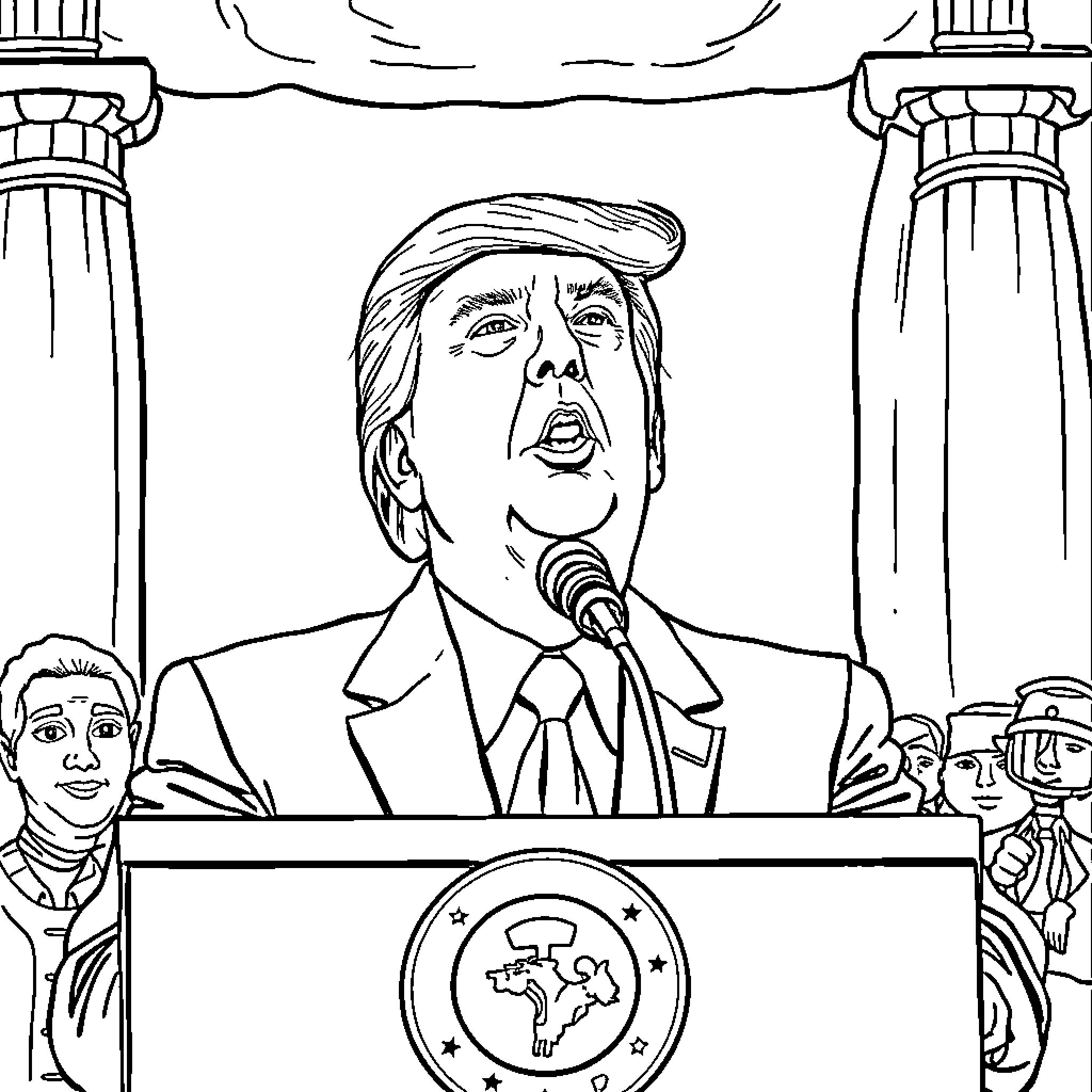 Trump Giving an Impassioned Speech on a Podium Coloring Page (free black-and-white line drawing printable PDF for all, from beginners to advanced learners, including children, teens, adults, and seniors)