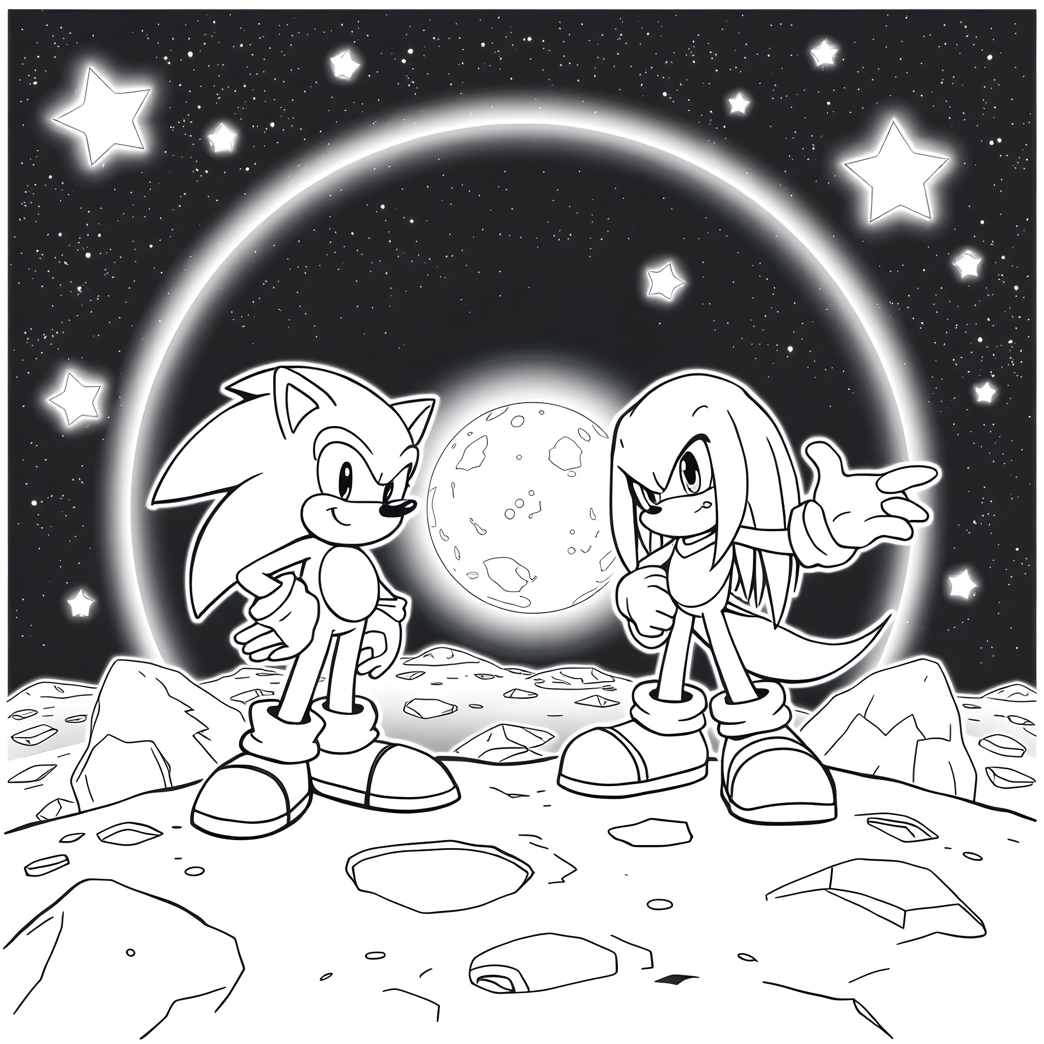 Sonic and friends exploring the cosmic landscape Coloring Page (free black-and-white line drawing printable PDF for all, from beginners to advanced learners, including children, teens, adults, and seniors)