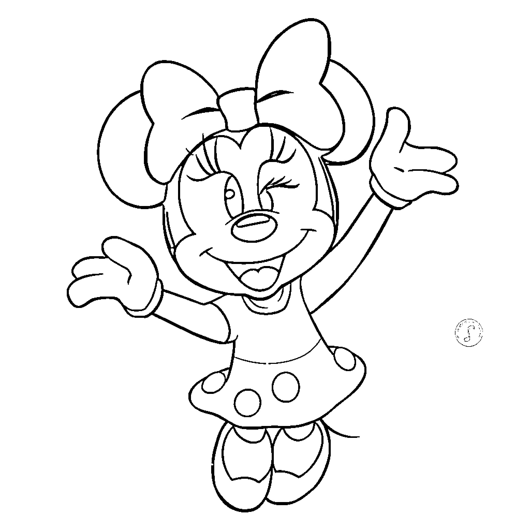 Minnie posing happily with arms raised Coloring Page (free black-and-white line drawing printable PDF for all, from beginners to advanced learners, including children, teens, adults, and seniors)
