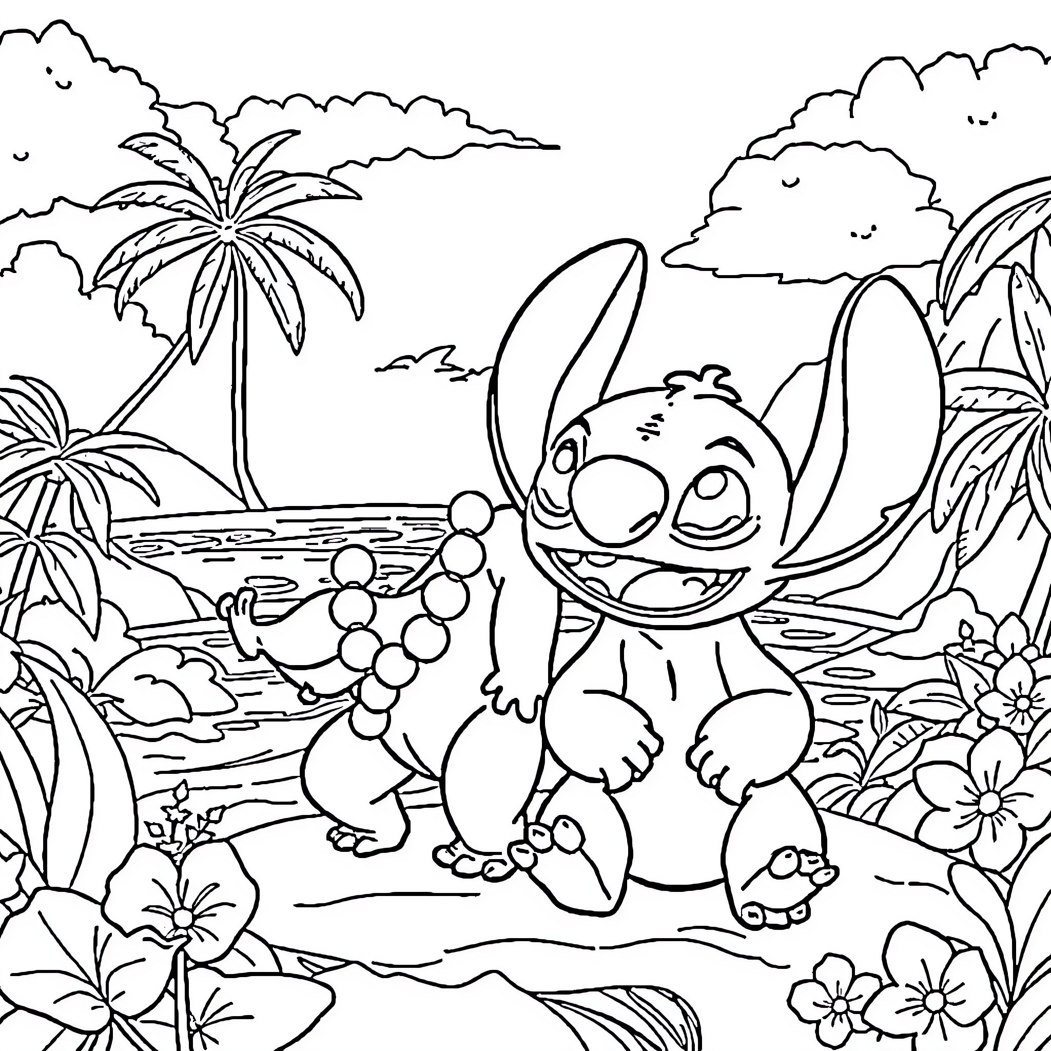 Lilo enjoying a tropical adventure Coloring Page (free black-and-white line drawing printable PDF for all, from beginners to advanced learners, including children, teens, adults, and seniors)