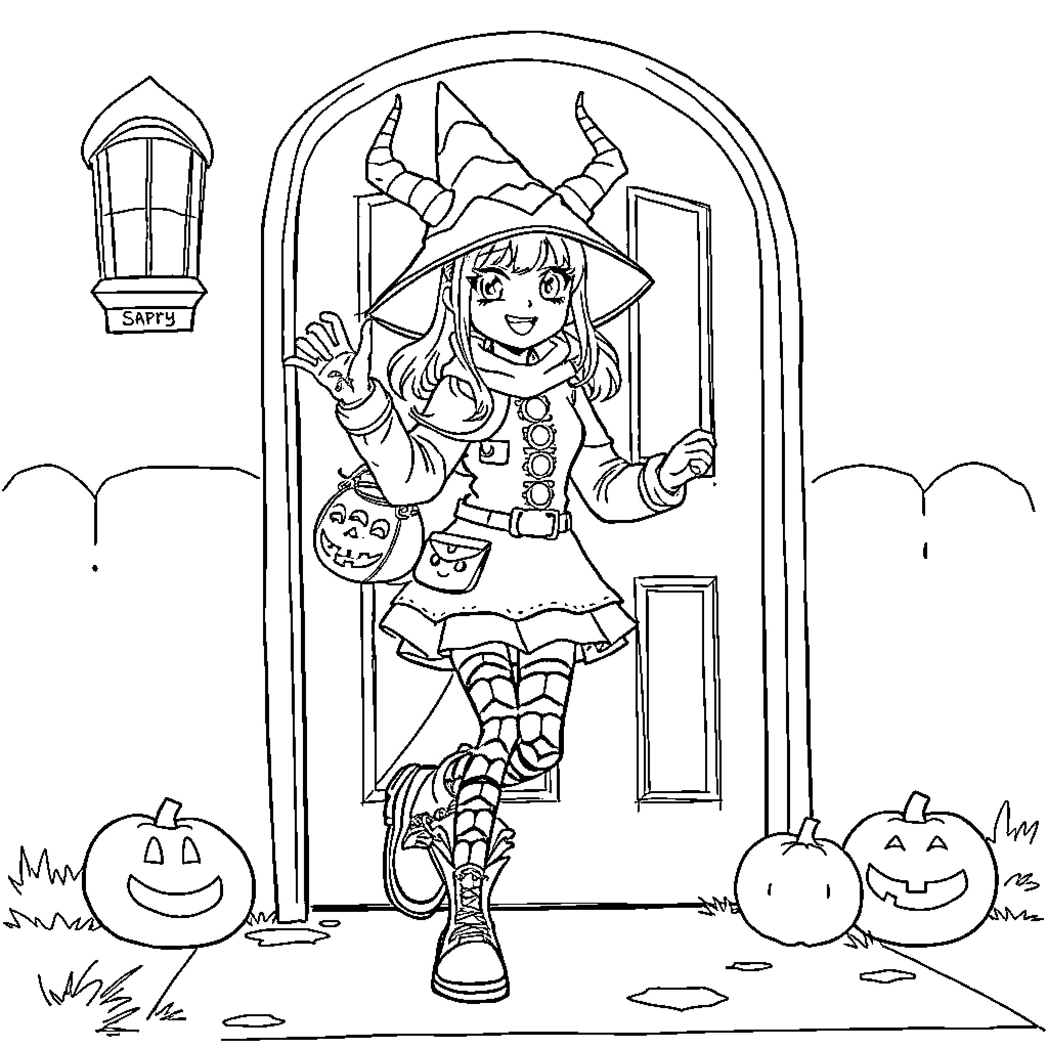 Zoë's Halloween Adventure Coloring Page (free black-and-white line drawing printable PDF for all, from beginners to advanced learners, including children, teens, adults, and seniors)