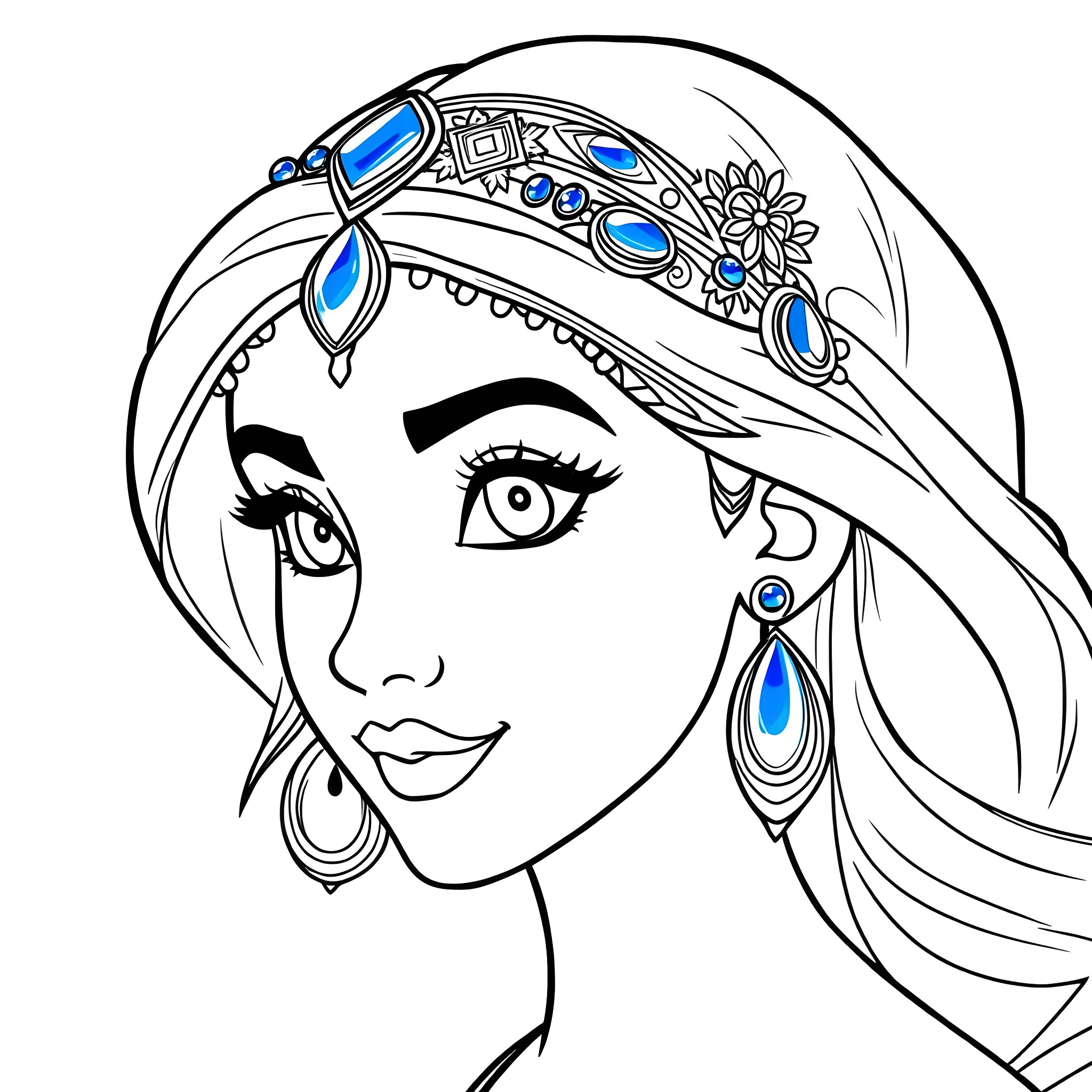 Jasmine - Beautiful woman with ornate headpiece Coloring Page (free black-and-white line drawing printable PDF for all, from beginners to advanced learners, including children, teens, adults, and seniors)