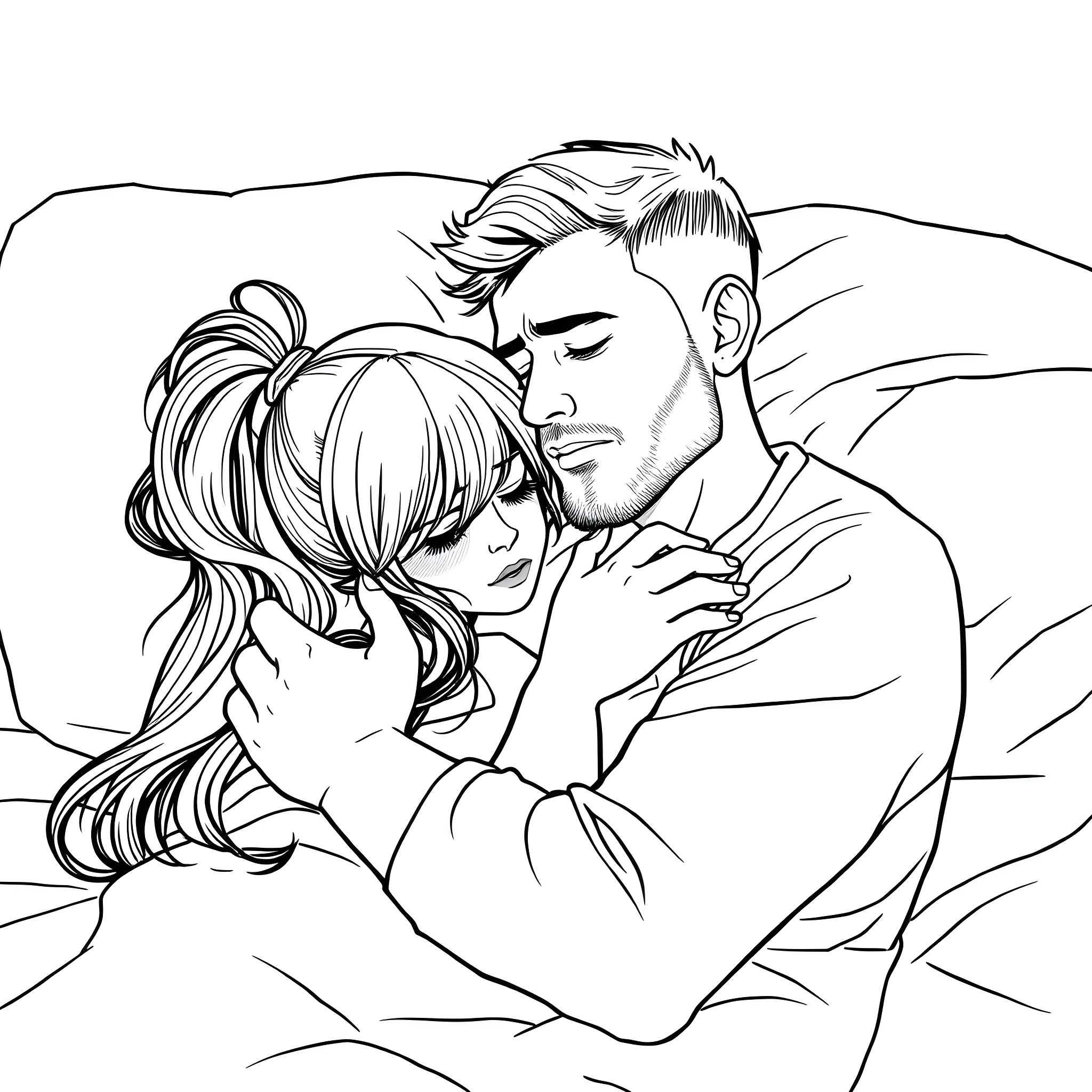 Man embracing woman affectionately on bed Coloring Page (free black-and-white line drawing printable PDF for all, from beginners to advanced learners, including children, teens, adults, and seniors)