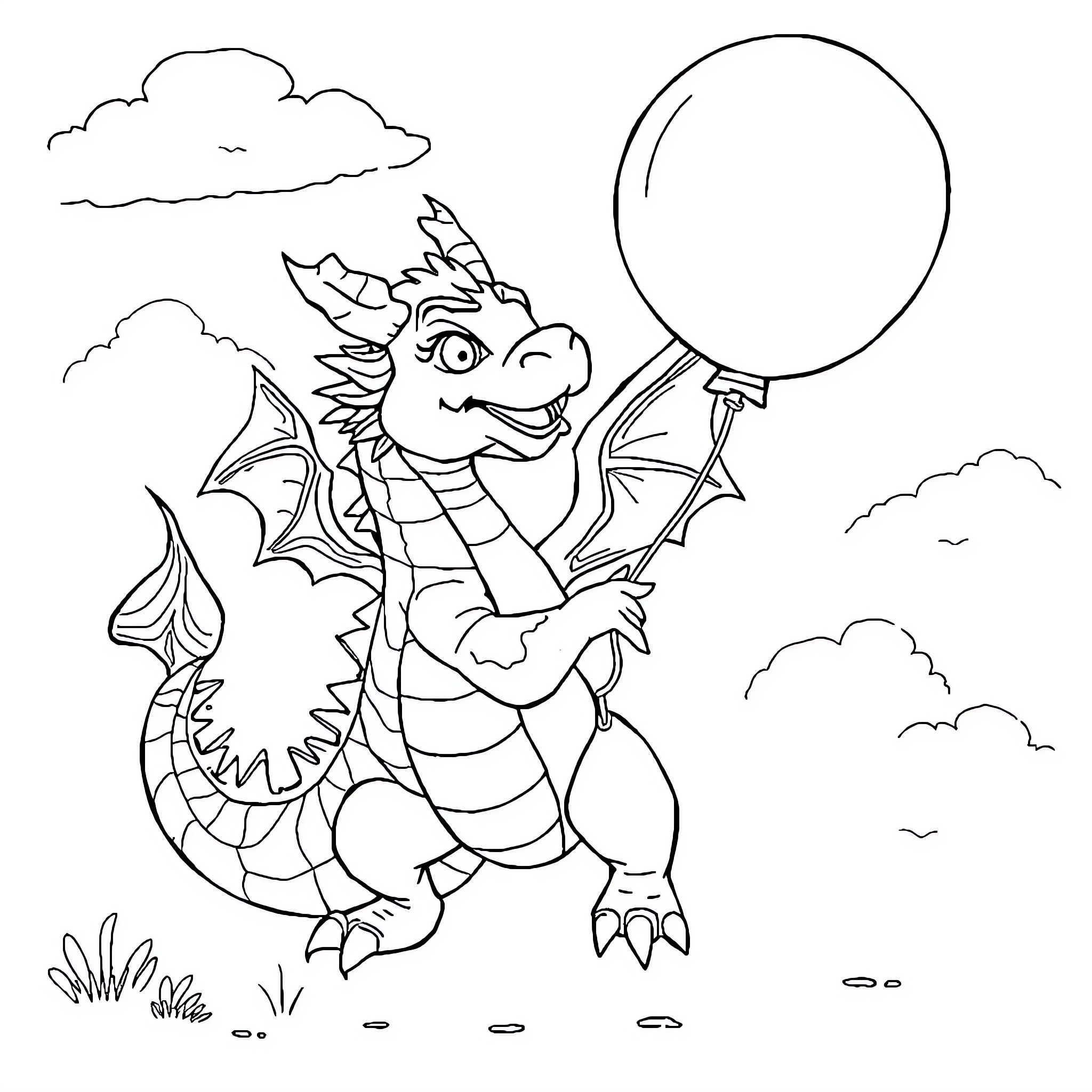 Dragon holding a balloon in the sky Coloring Page (free black-and-white line drawing printable PDF for all, from beginners to advanced learners, including children, teens, adults, and seniors)