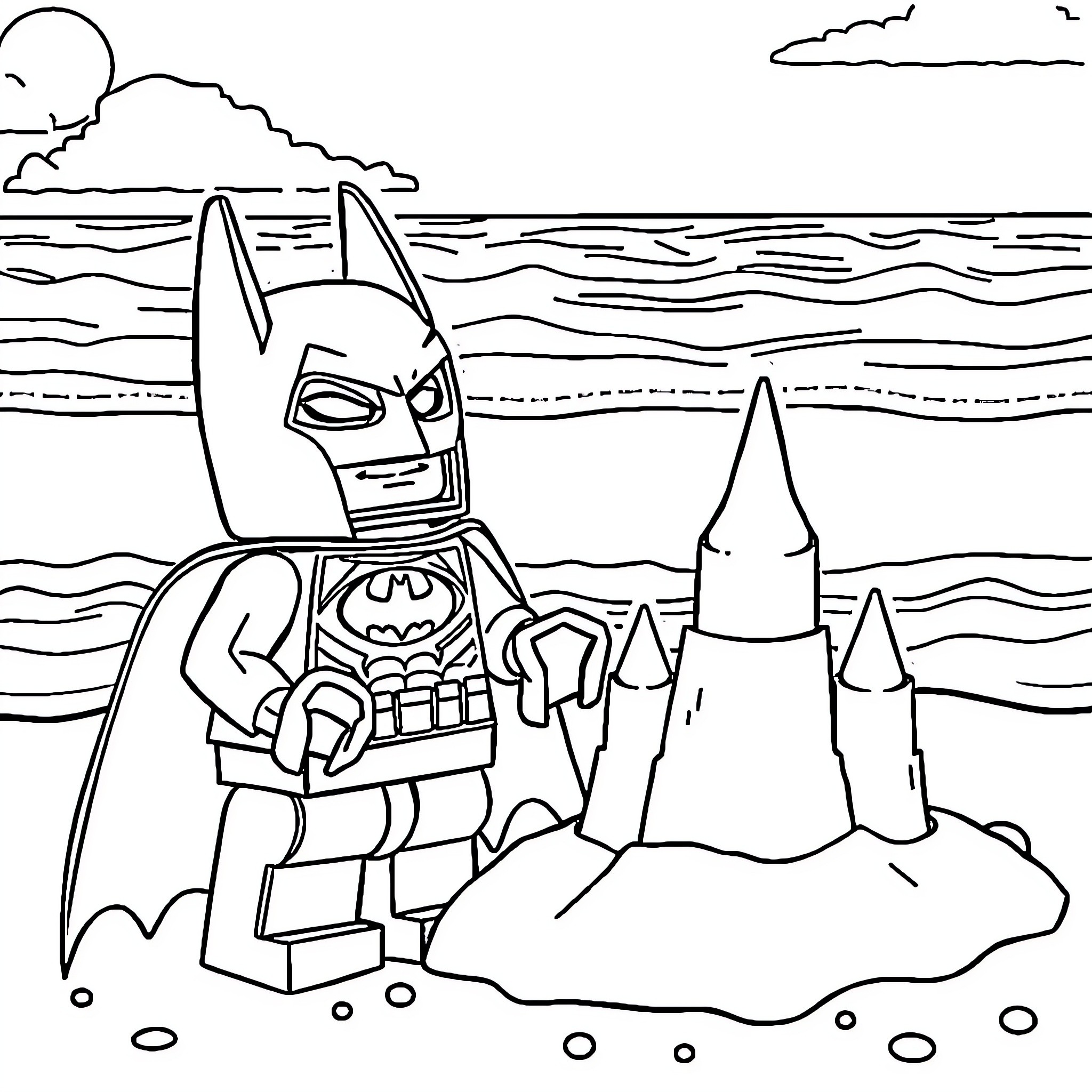 Lego Batman building a sand castle on the beach Coloring Page (free black-and-white line drawing printable PDF for all, from beginners to advanced learners, including children, teens, adults, and seniors)