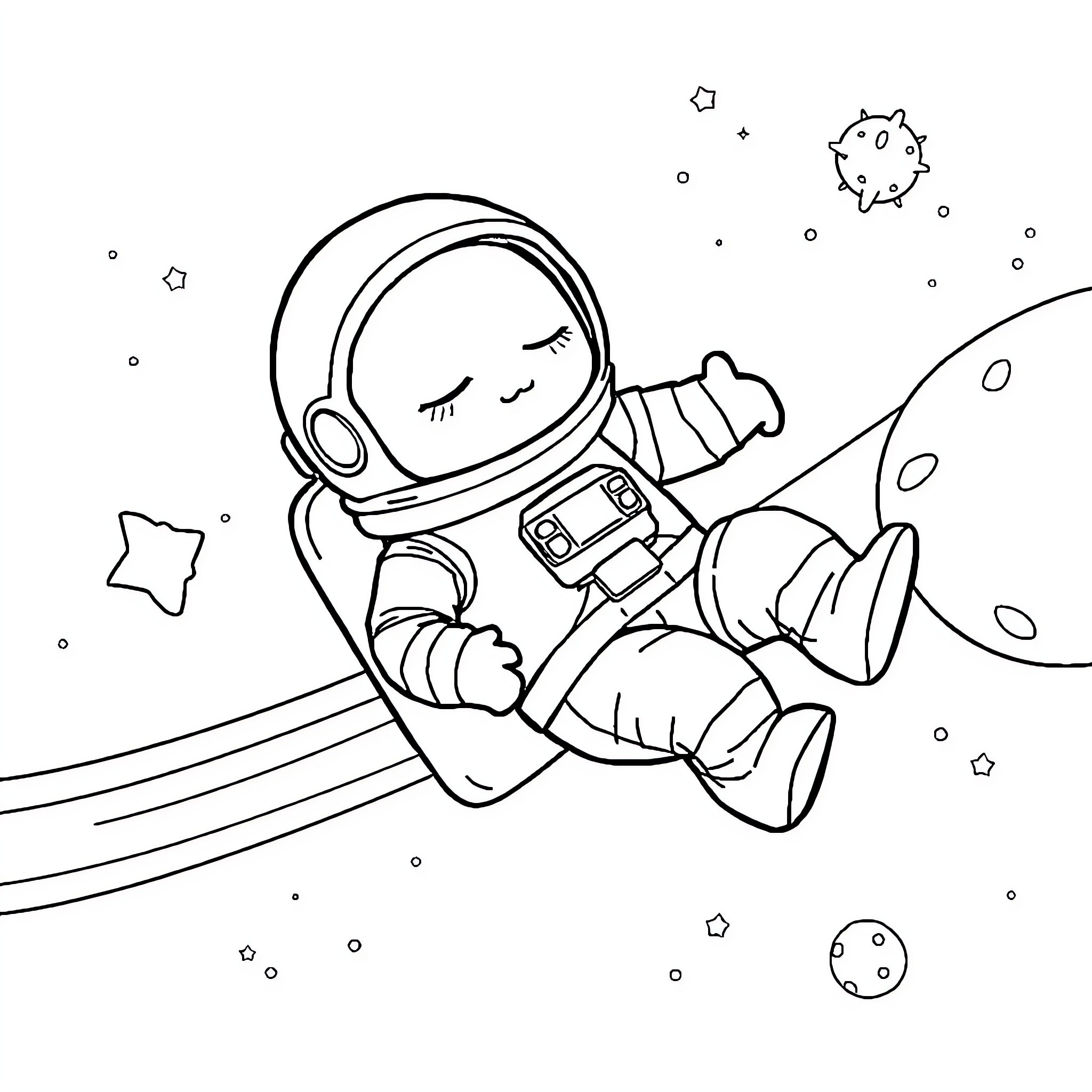 Astronaut floating peacefully in space Coloring Page (free black-and-white line drawing printable PDF for all, from beginners to advanced learners, including children, teens, adults, and seniors)