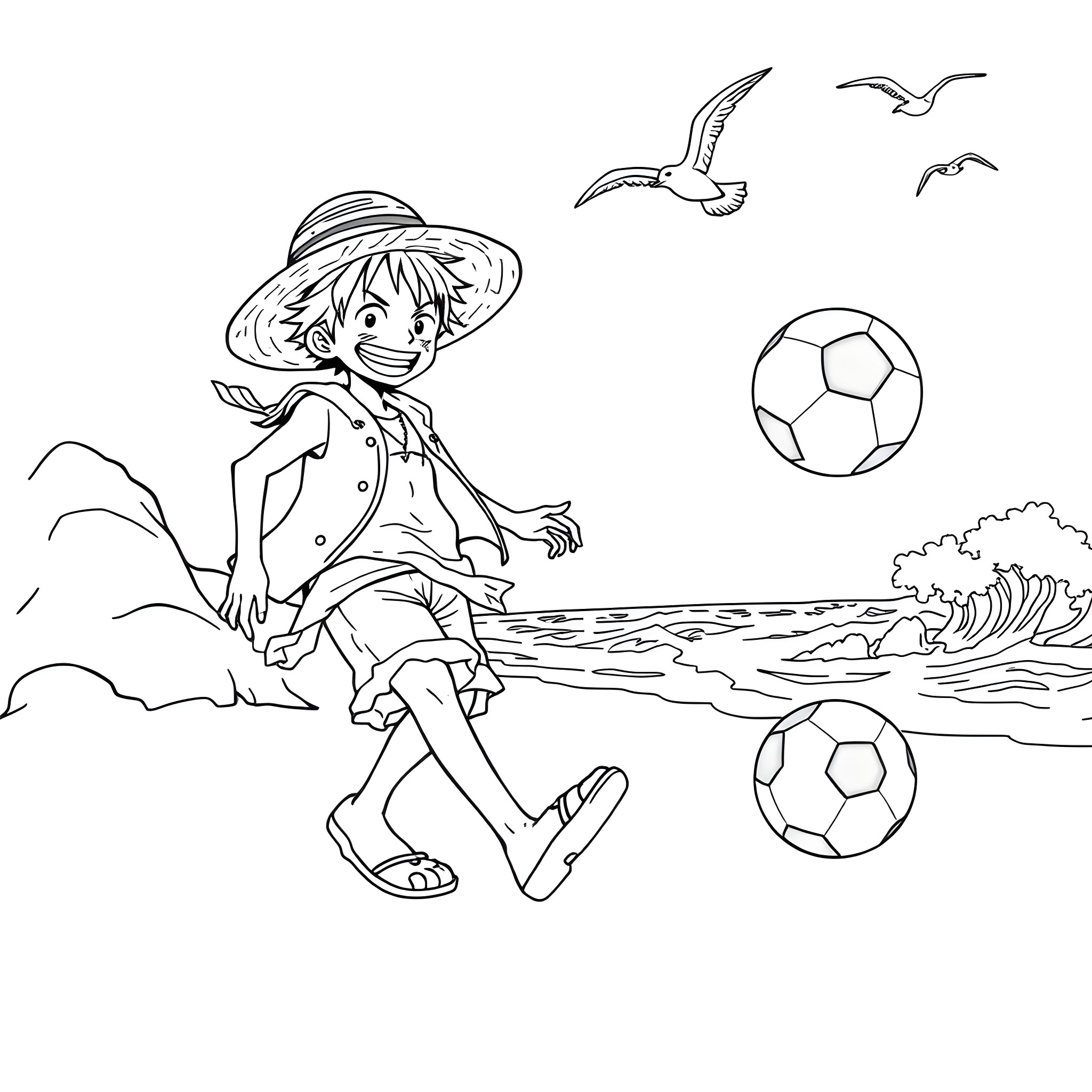 Luffy enjoying a day at the beach with soccer balls Coloring Page (free black-and-white line drawing printable PDF for all, from beginners to advanced learners, including children, teens, adults, and seniors)