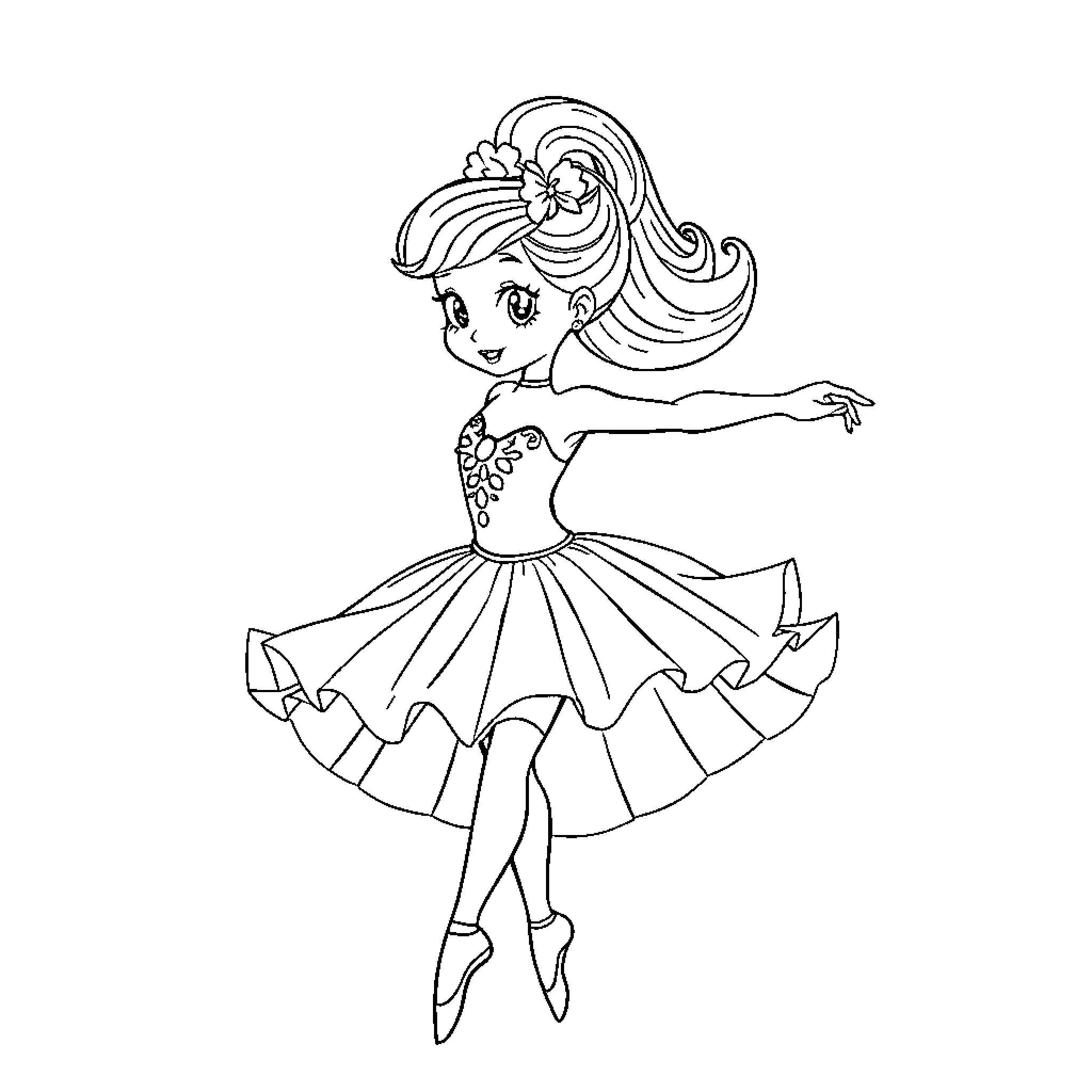 Bluey dancing joyfully in her festive dress Coloring Page (free black-and-white line drawing printable PDF for all, from beginners to advanced learners, including children, teens, adults, and seniors)