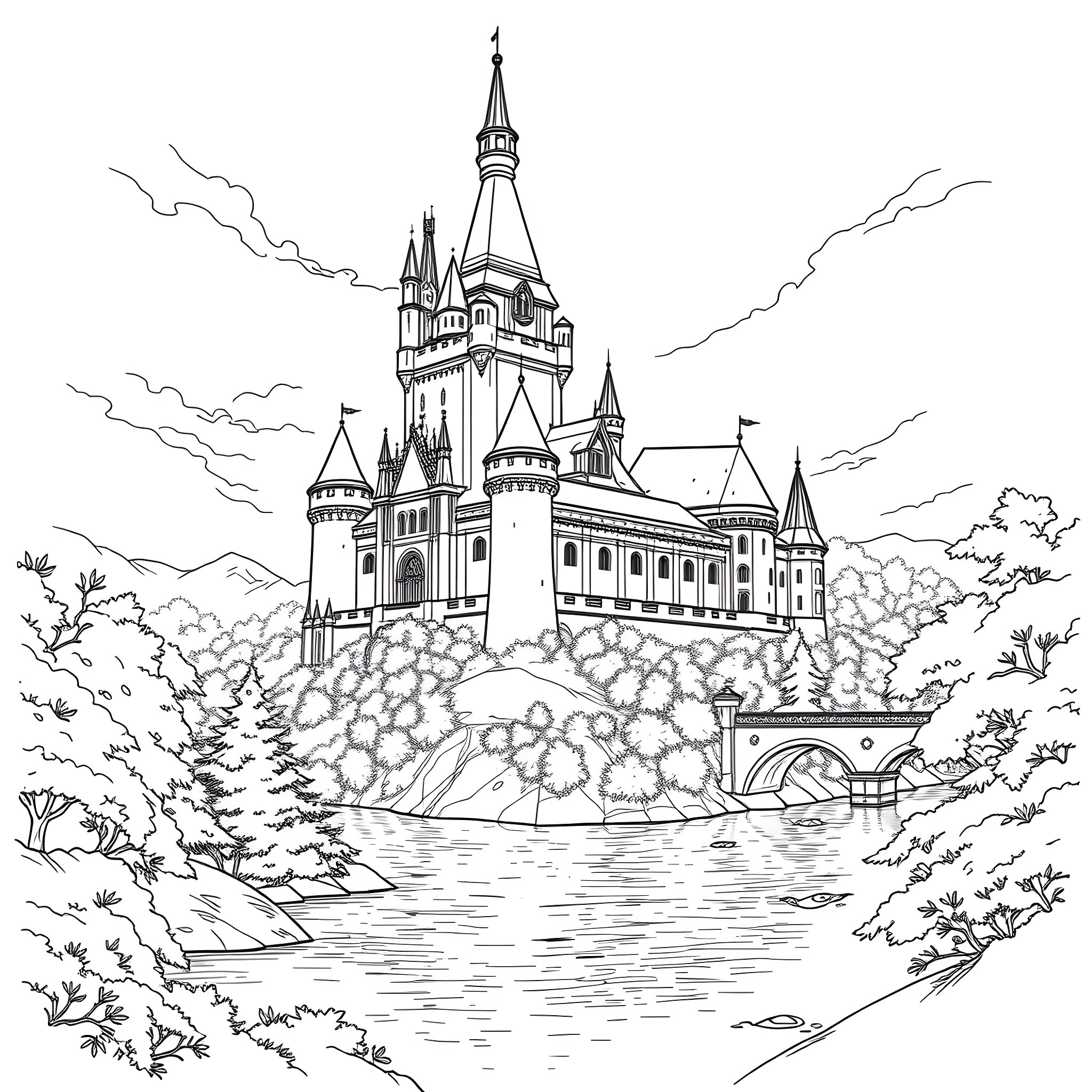 Castle Set in Enchanting Woodland Landscape Coloring Page (free black-and-white line drawing printable PDF for all, from beginners to advanced learners, including children, teens, adults, and seniors)