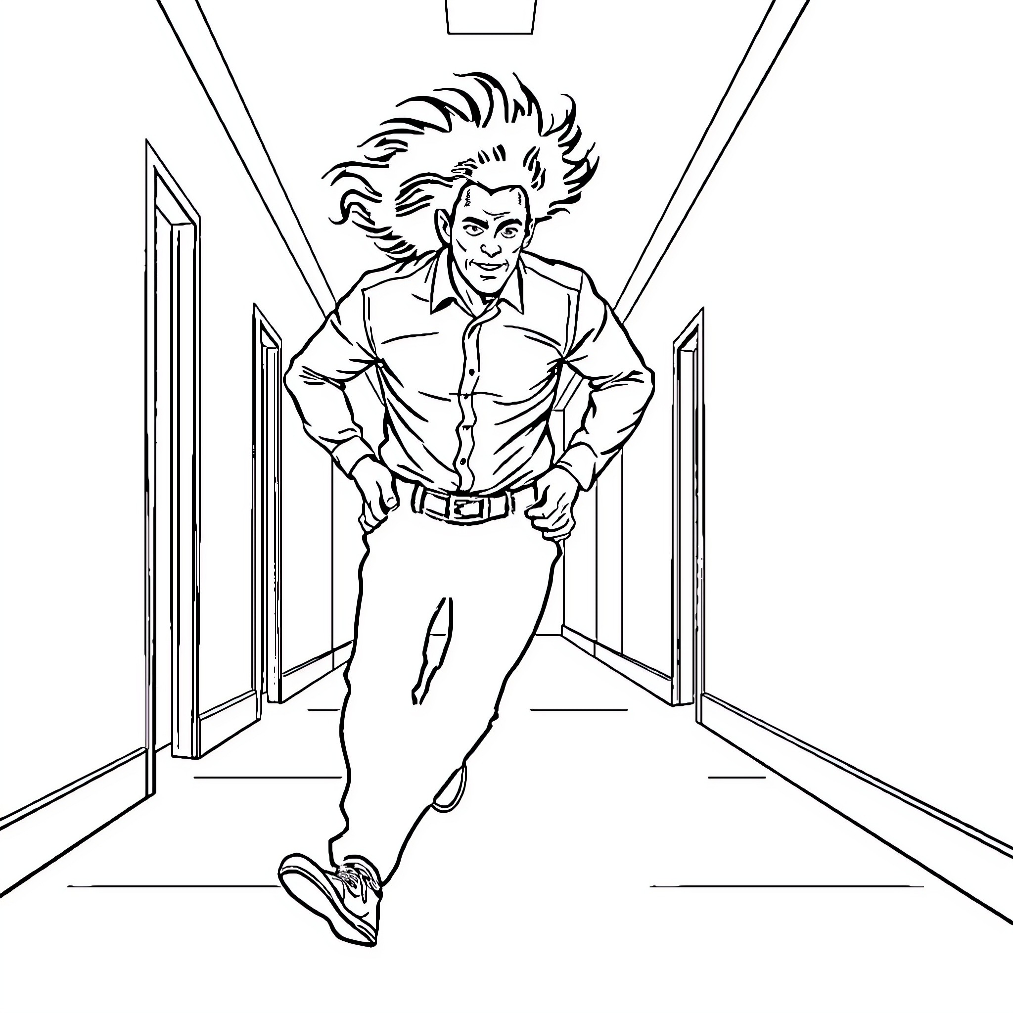 Man running energetically down a hallway Coloring Page (free black-and-white line drawing printable PDF for all, from beginners to advanced learners, including children, teens, adults, and seniors)