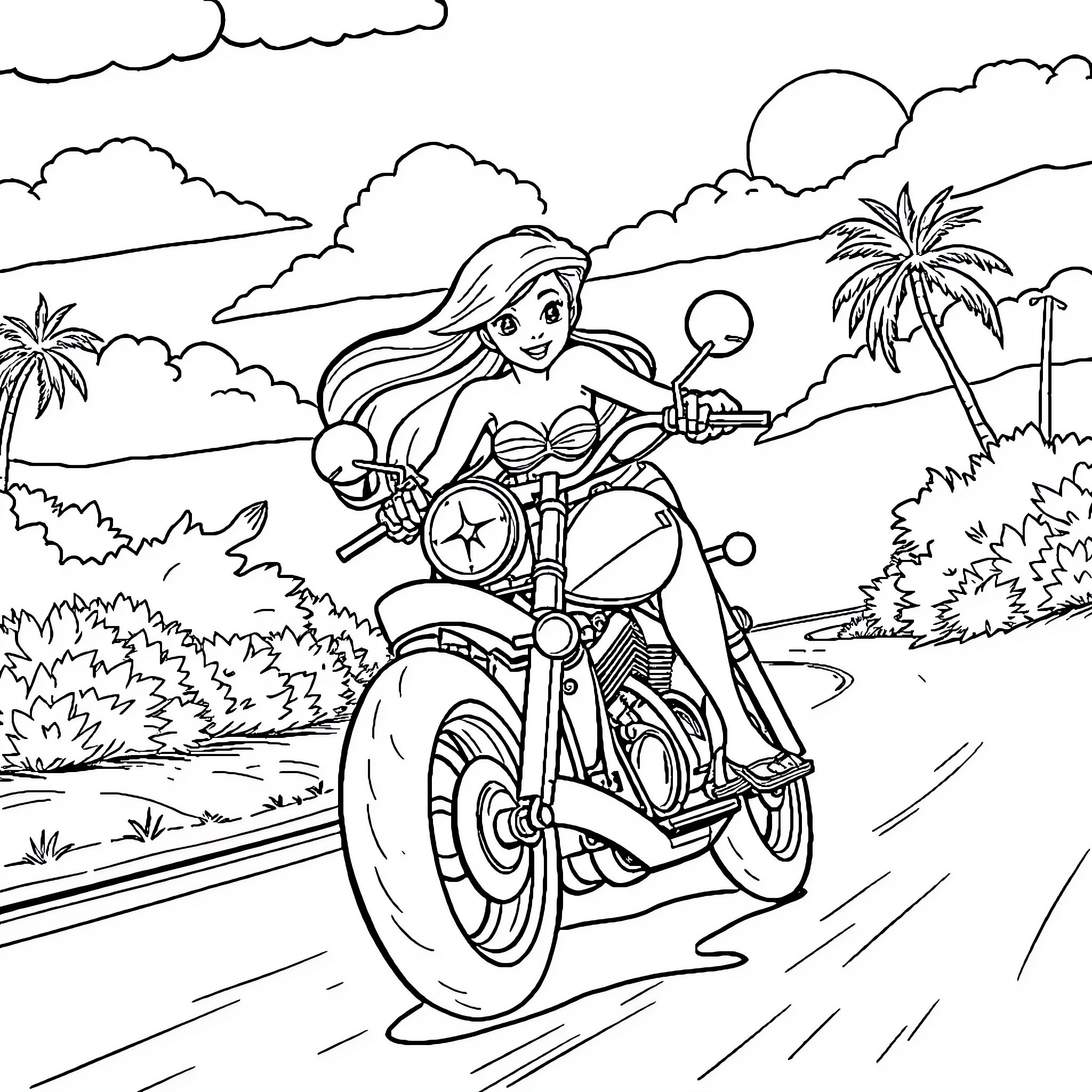 Ariel riding a motorcycle through a tropical landscape Coloring Page (free black-and-white line drawing printable PDF for all, from beginners to advanced learners, including children, teens, adults, and seniors)