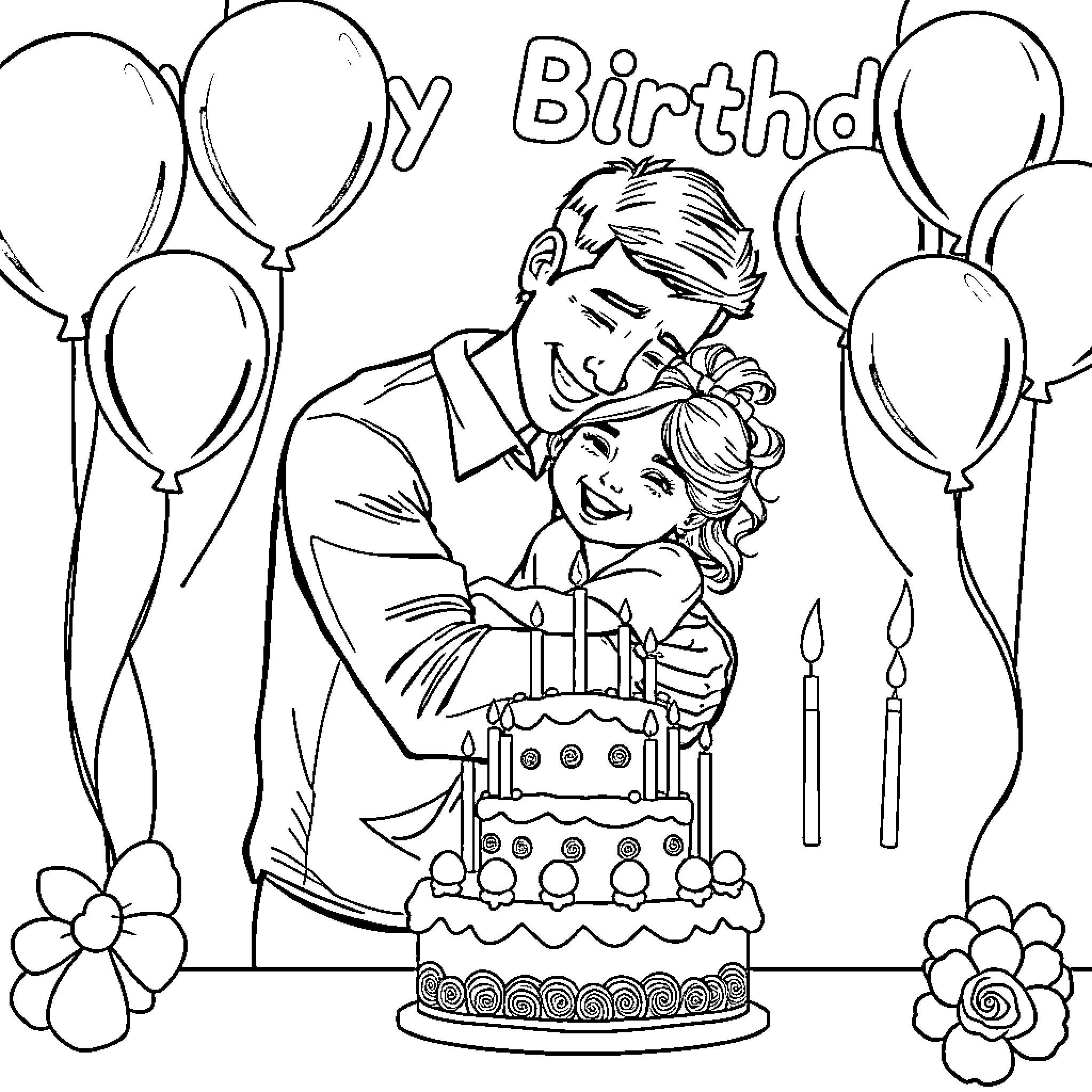 Father and daughter celebrate birthday Coloring Page (free black-and-white line drawing printable PDF for all, from beginners to advanced learners, including children, teens, adults, and seniors)
