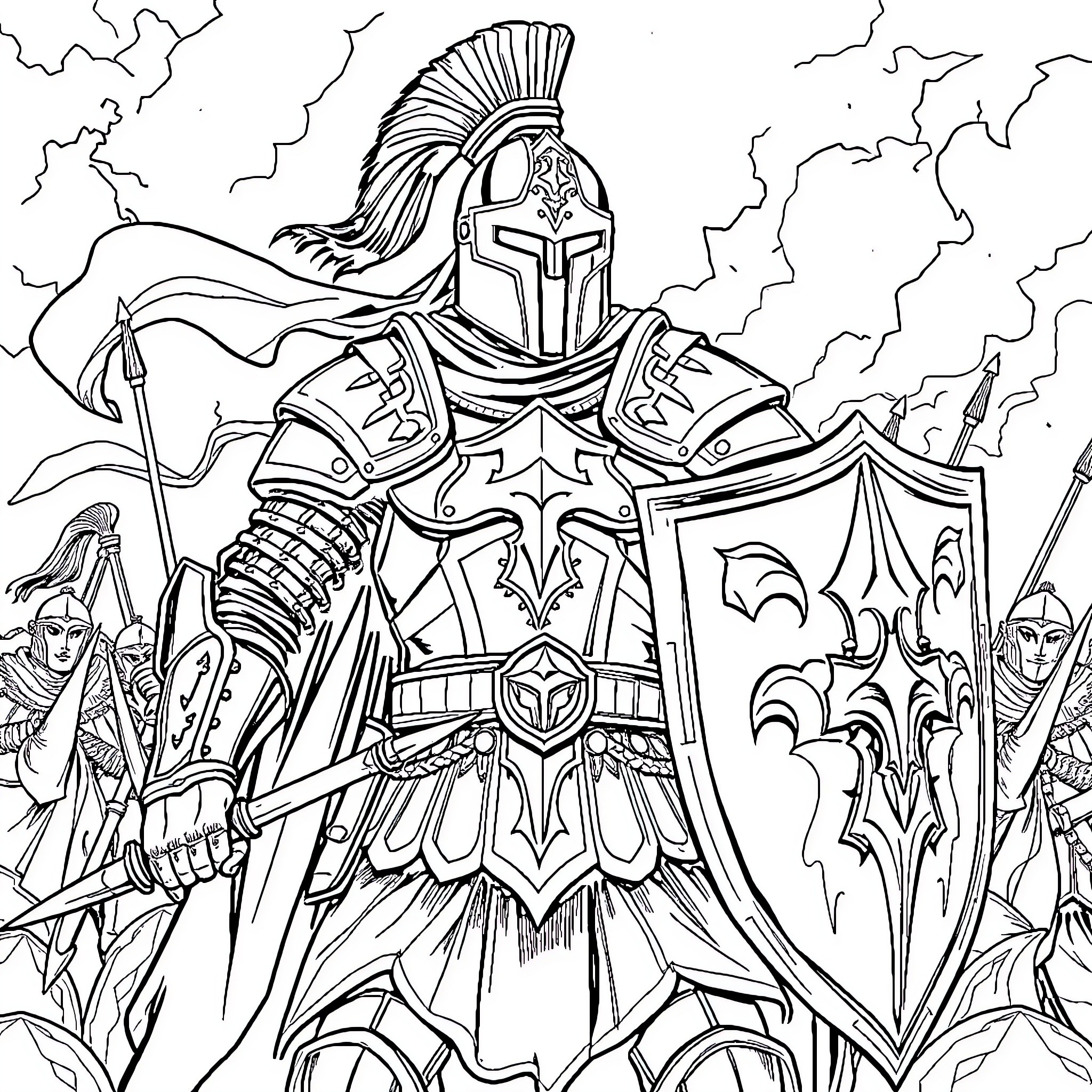 Soldier in Heroic Battle Stance with Armored Soldiers Coloring Page (free black-and-white line drawing printable PDF for all, from beginners to advanced learners, including children, teens, adults, and seniors)