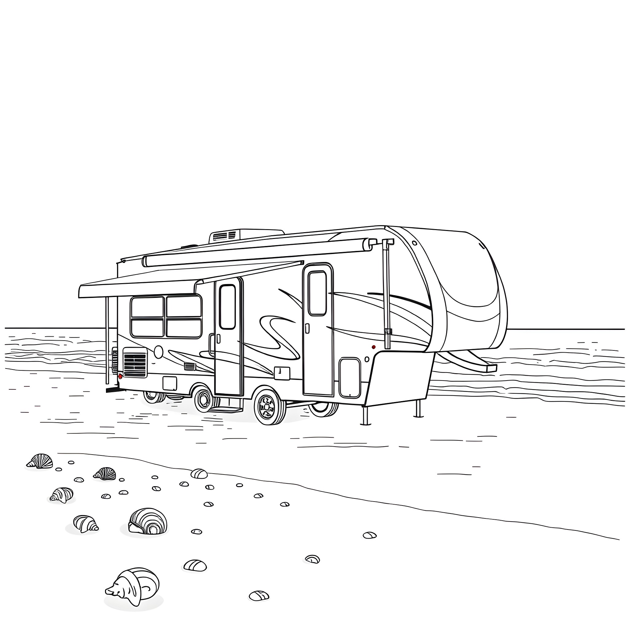 Camper trailer parked by the beach Coloring Page (free black-and-white line drawing printable PDF for all, from beginners to advanced learners, including children, teens, adults, and seniors)