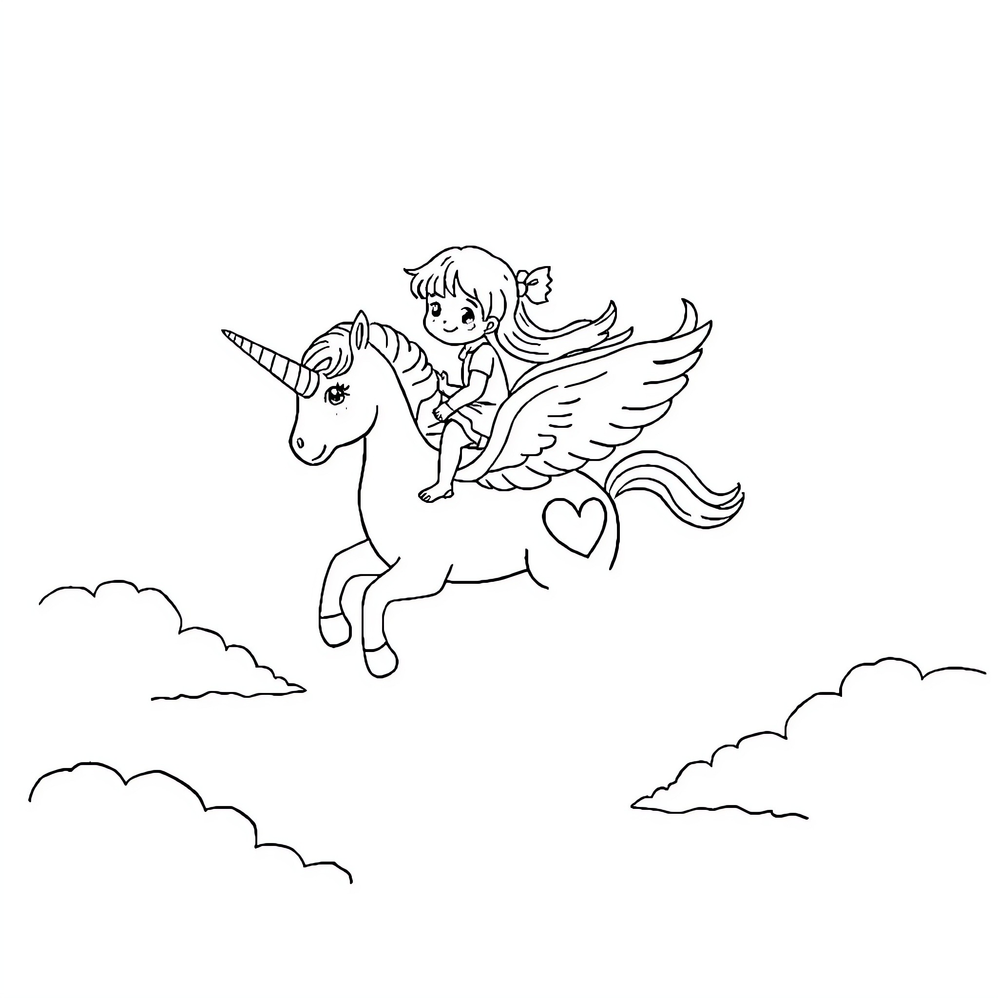 Unicorn soaring with winged child through the clouds Coloring Page (free black-and-white line drawing printable PDF for all, from beginners to advanced learners, including children, teens, adults, and seniors)