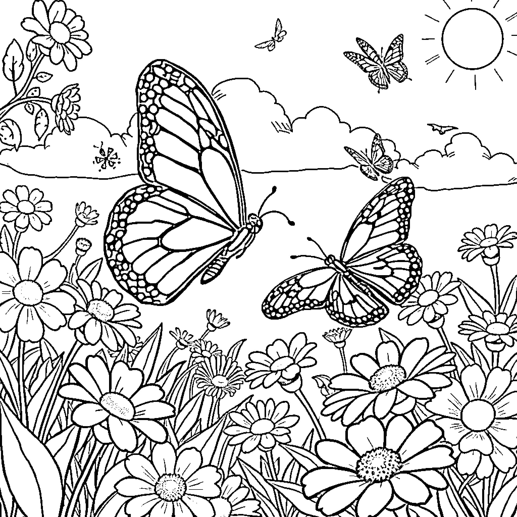 Butterfly Garden Adventure Coloring Page (free black-and-white line drawing printable PDF for all, from beginners to advanced learners, including children, teens, adults, and seniors)