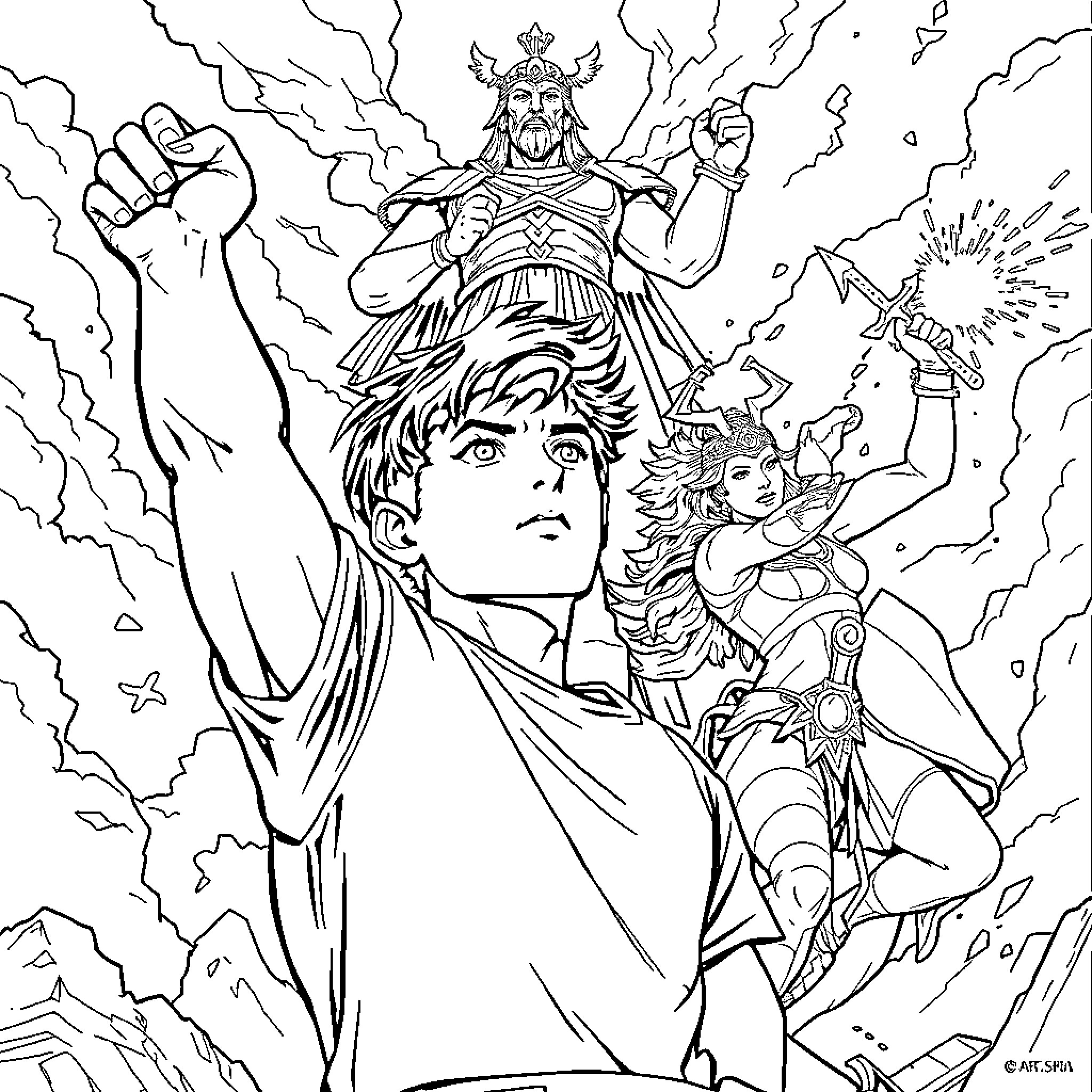 Percy Jackson battling mythological creatures in a fantastical realm Coloring Page (free black-and-white line drawing printable PDF for all, from beginners to advanced learners, including children, teens, adults, and seniors)