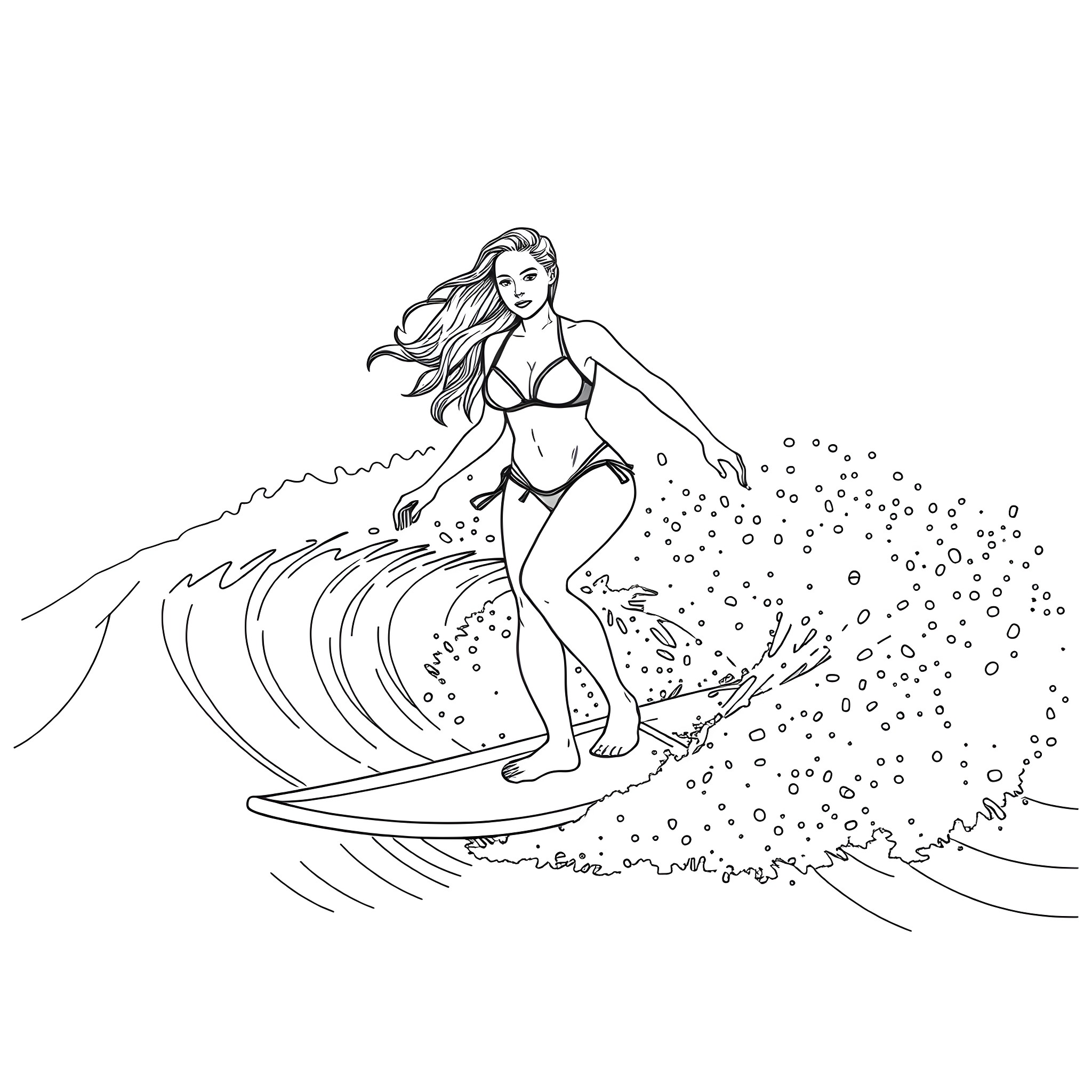 Sydney Sweeney riding waves in the ocean Coloring Page (free black-and-white line drawing printable PDF for all, from beginners to advanced learners, including children, teens, adults, and seniors)