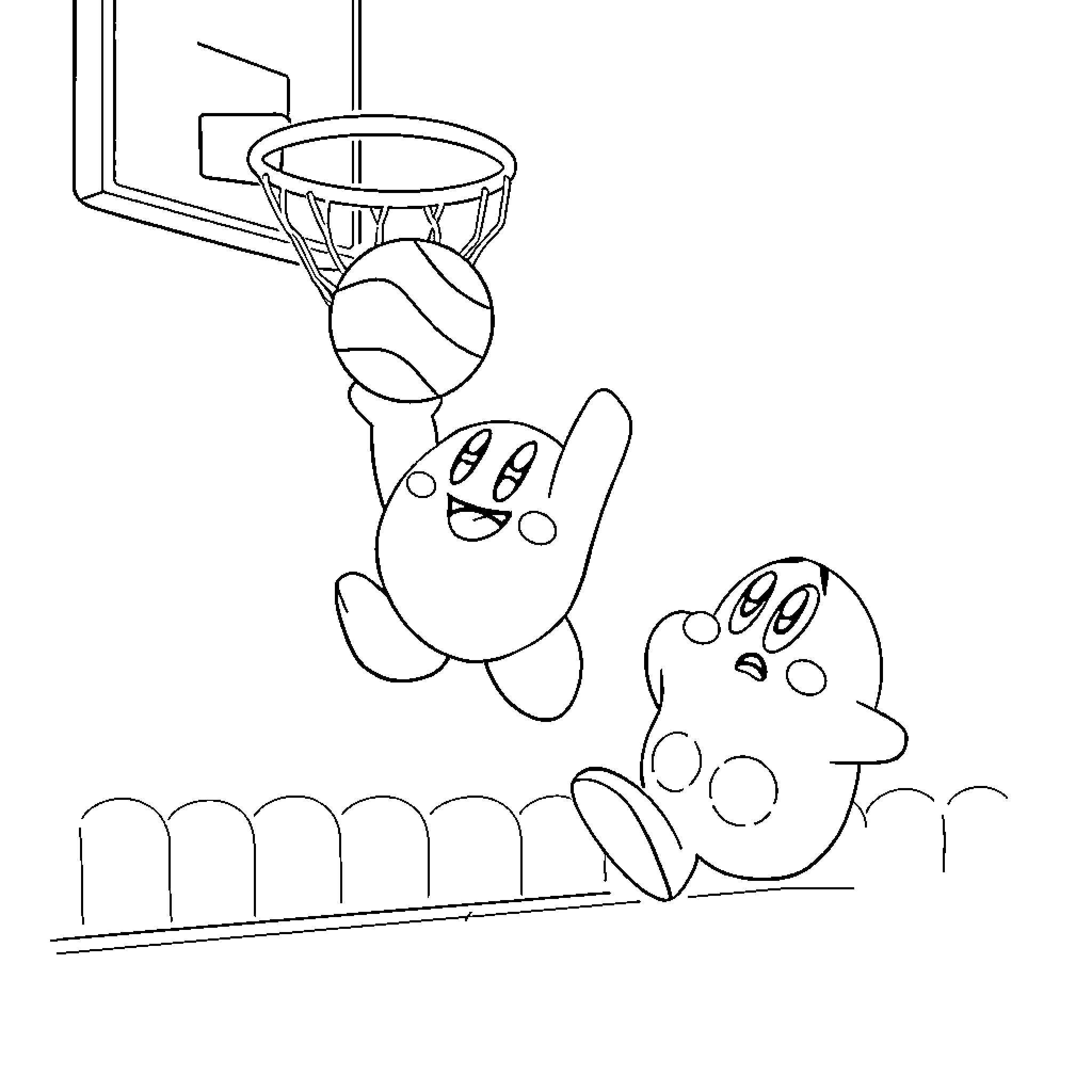 Kirby playing basketball with friends Coloring Page (free black-and-white line drawing printable PDF for all, from beginners to advanced learners, including children, teens, adults, and seniors)