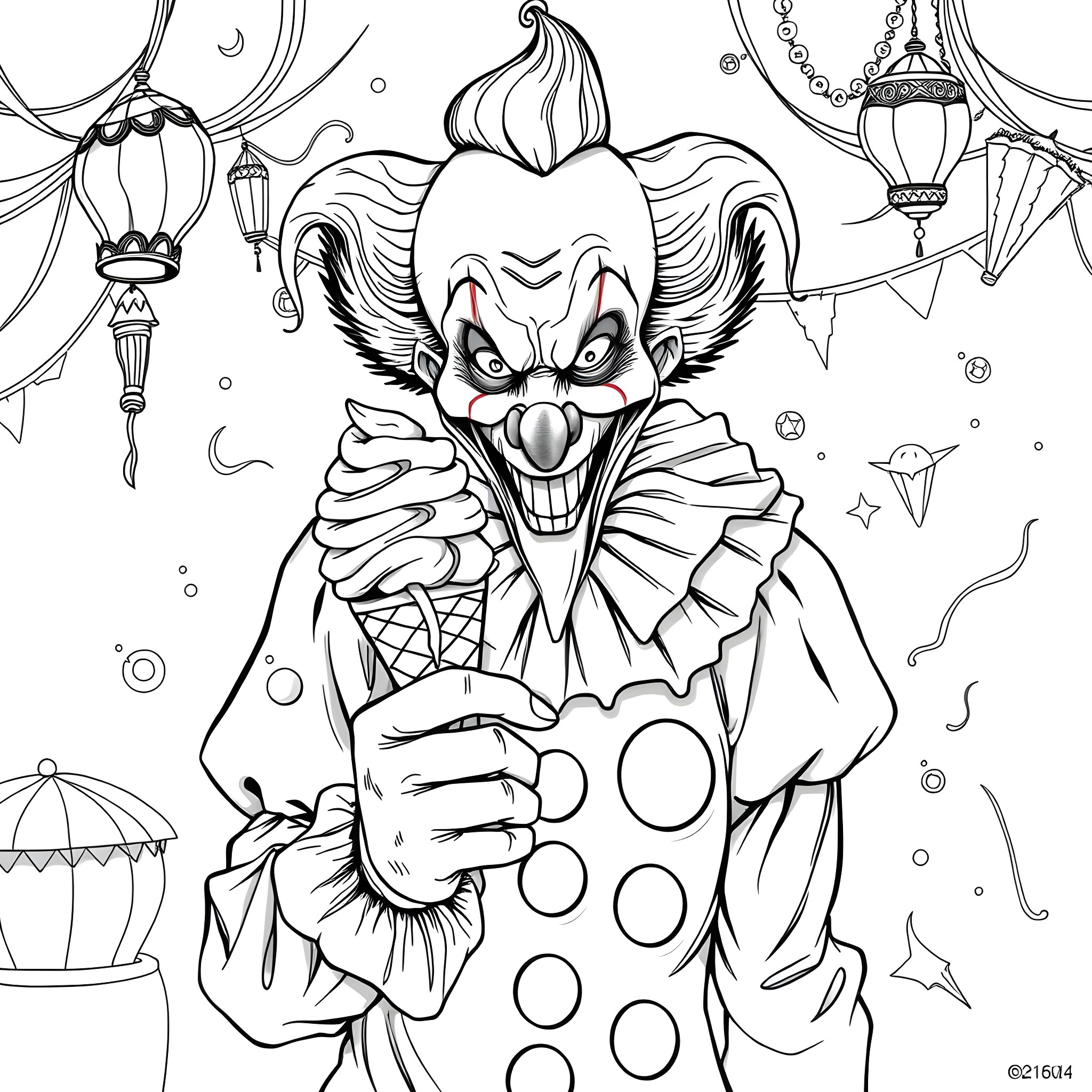 Clown in Carnival-Themed Circus Setting Coloring Page (free black-and-white line drawing printable PDF for all, from beginners to advanced learners, including children, teens, adults, and seniors)
