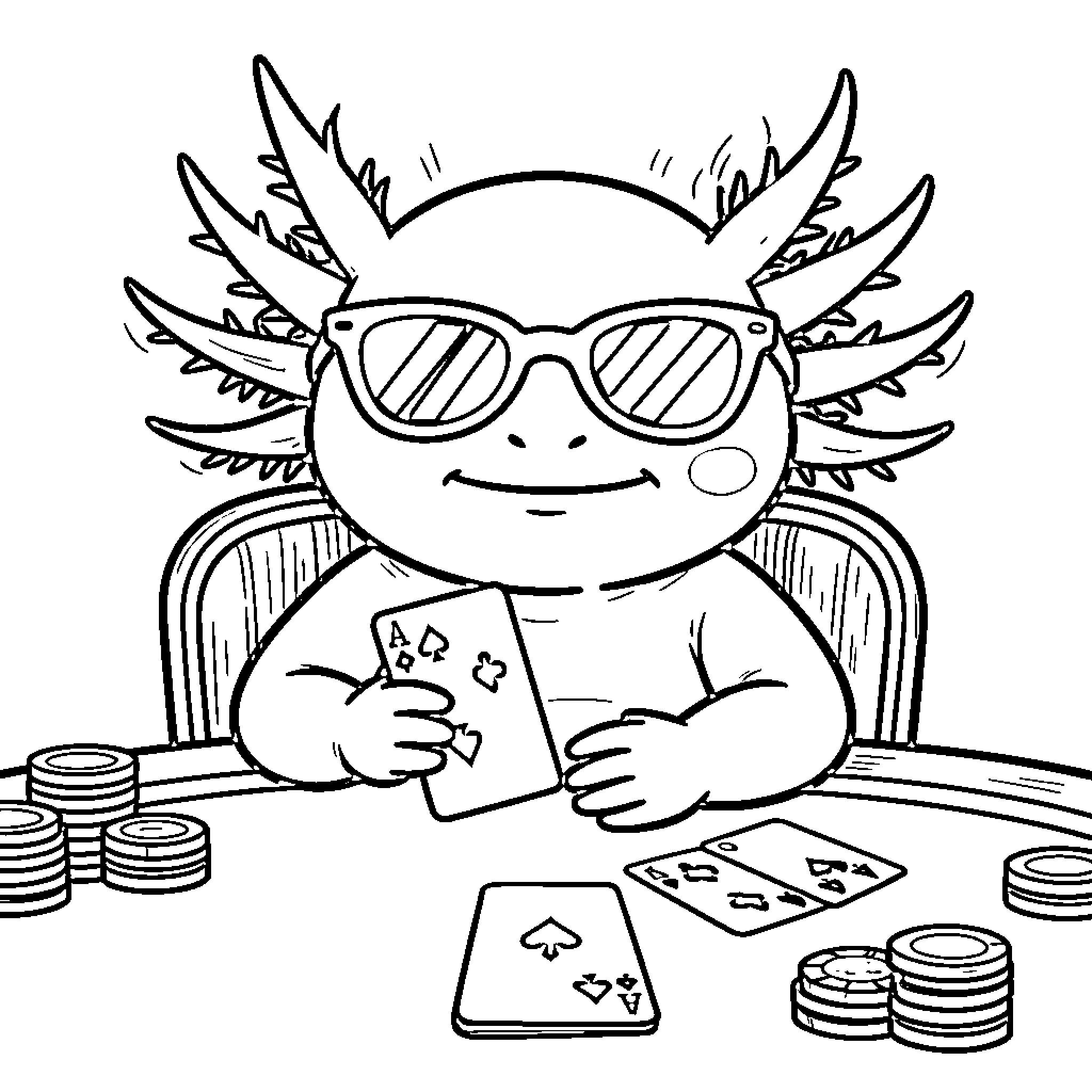Axolotl wearing sunglasses and playing cards at a table Coloring Page (free black-and-white line drawing printable PDF for all, from beginners to advanced learners, including children, teens, adults, and seniors)